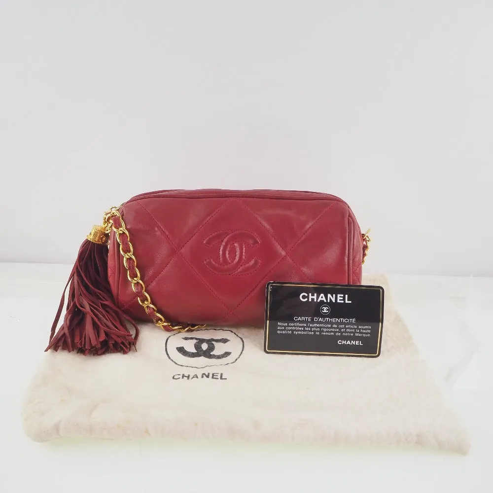 CHANEL Shoulder Bag lambskin Red Matrasse Fringe ChainShoulder Women Used