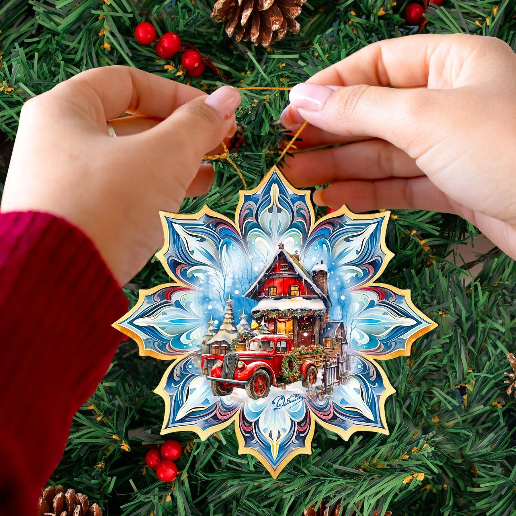 Christmas Cottage Snowflake Wooden Christmas Ornament by G. Debrekht