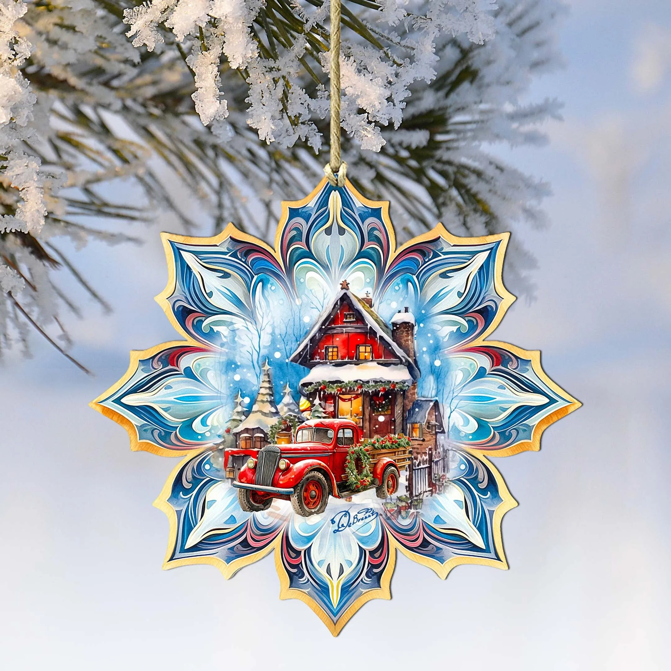 Christmas Cottage Snowflake Wooden Christmas Ornament by G. Debrekht