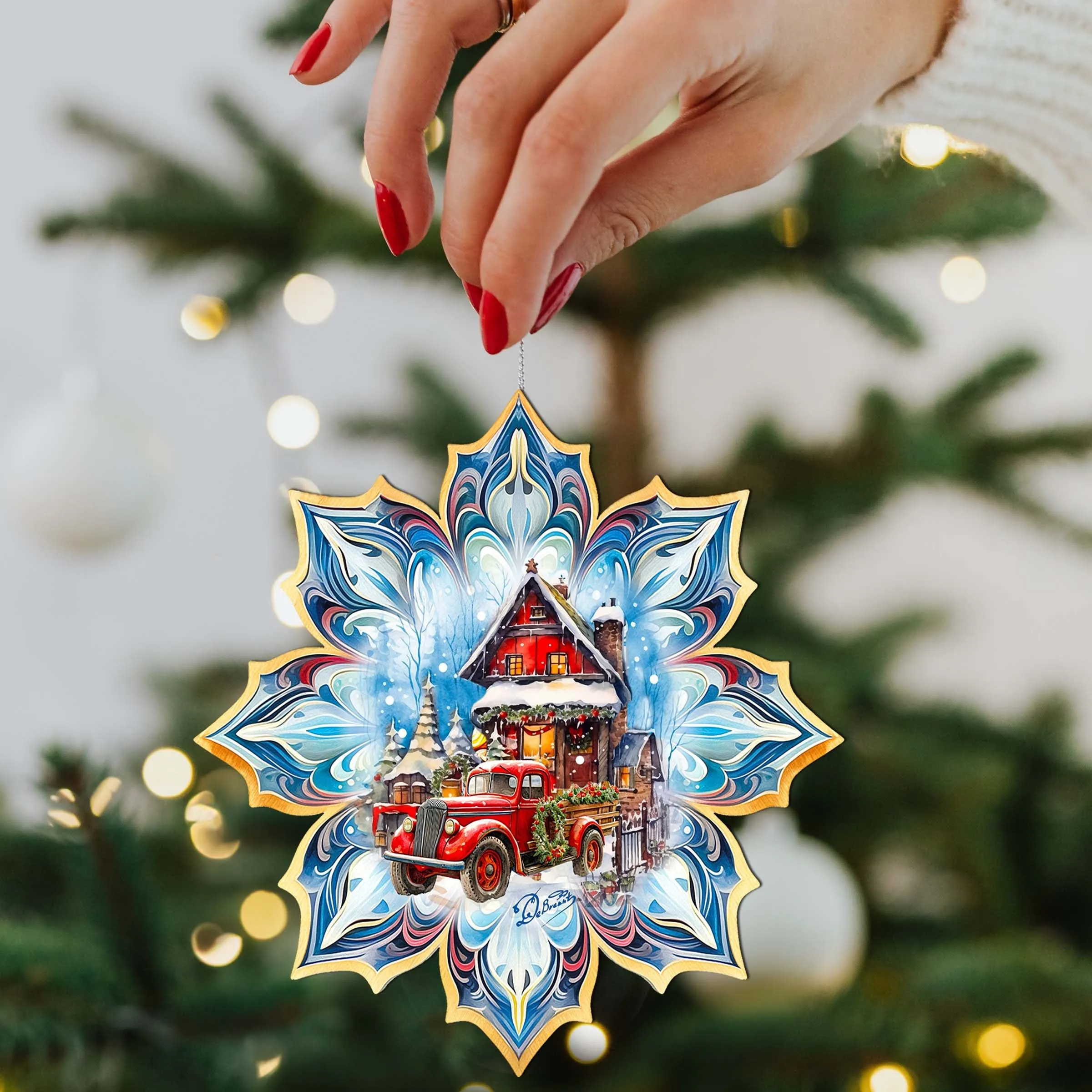 Christmas Cottage Snowflake Wooden Christmas Ornament by G. Debrekht Holiday Decor clearance sale