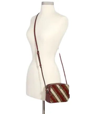 Coach Mini Camera Bag In Signature Canvas With Diagonal Stripe Print