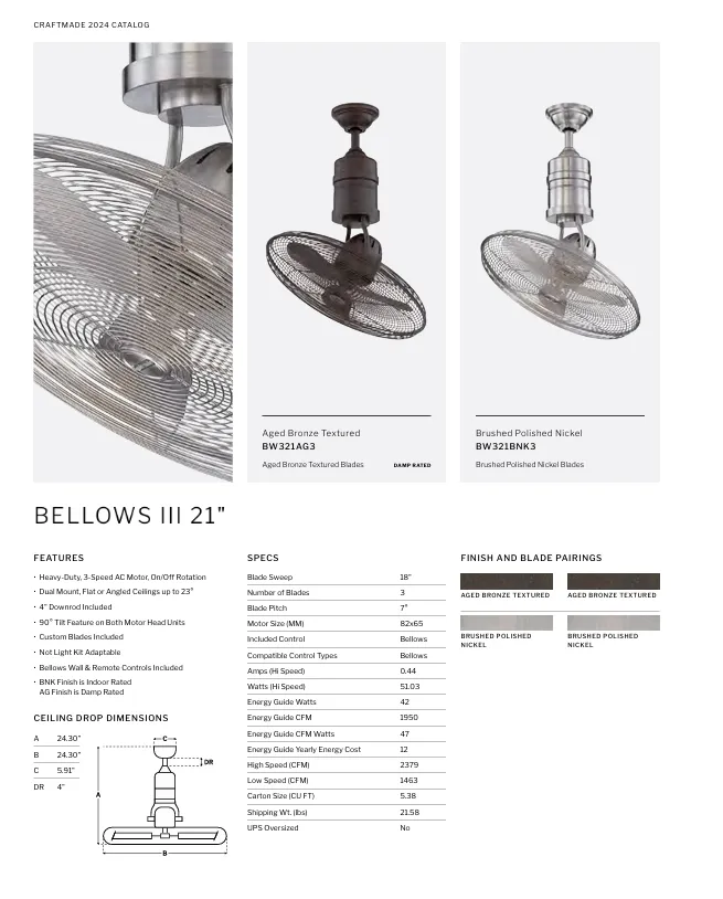 Craftmade Bellows III 21" Rotating Ceiling Fan with Wall Control and Remote