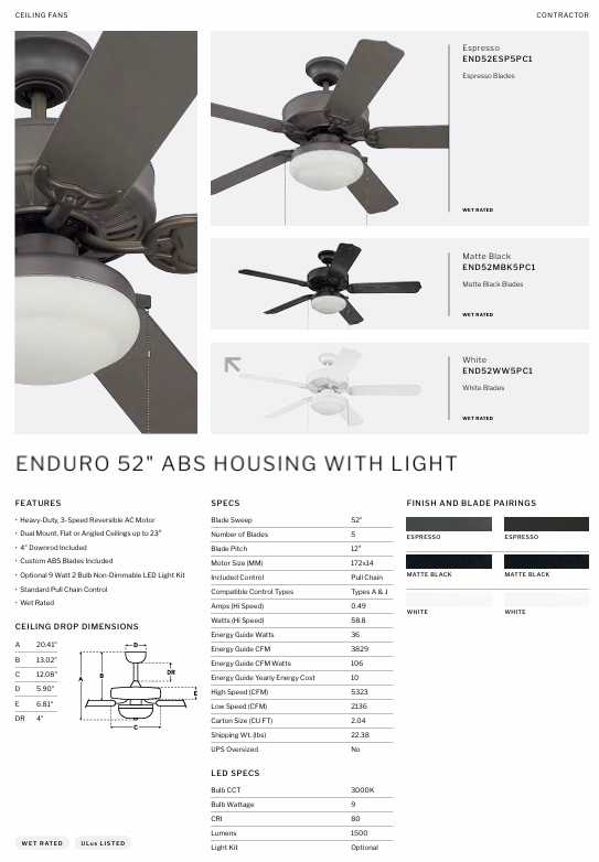 Craftmade Enduro 52" Outdoor Pull Chain Ceiling Fan with 18W LED