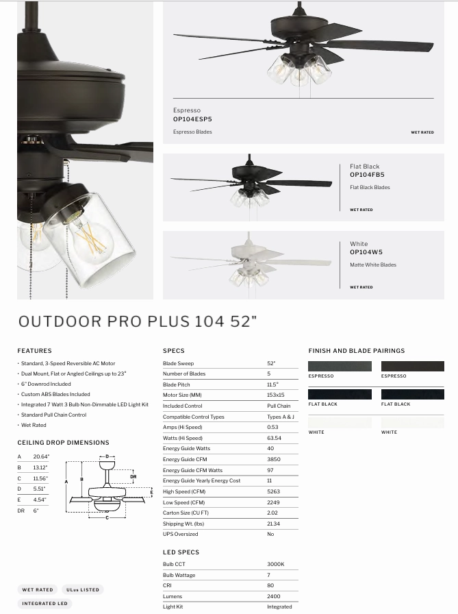 Craftmade Outdoor Pro Plus 104 52" Pull Chain Ceiling Fan with LED Light Kit