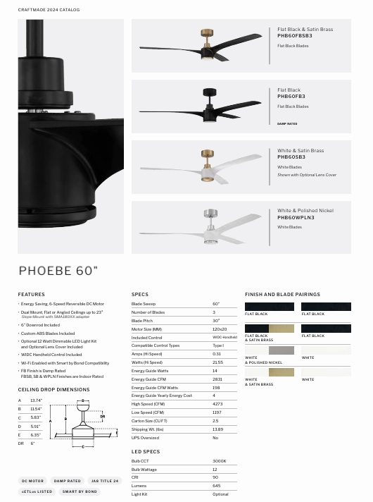 Craftmade Phoebe 60" Indoor/Outdoor Smart DC Ceiling Fan with Remote