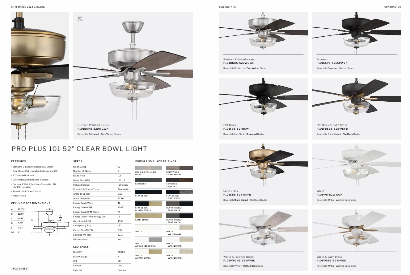 Craftmade Pro Plus 101 52" Pull Chain Ceiling Fan with Clear Bowl LED Light Kit