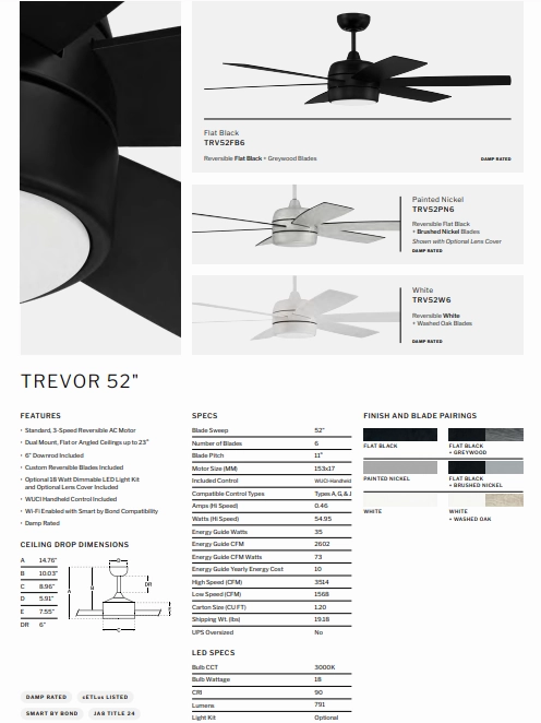 Craftmade Trevor 52" Smart Indoor/Outdoor Ceiling Fan with 18W LED and Remote