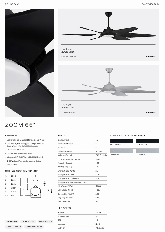 Craftmade Zoom 66" Indoor/Outdoor DC Ceiling Fan with 18W LED Light and Remote