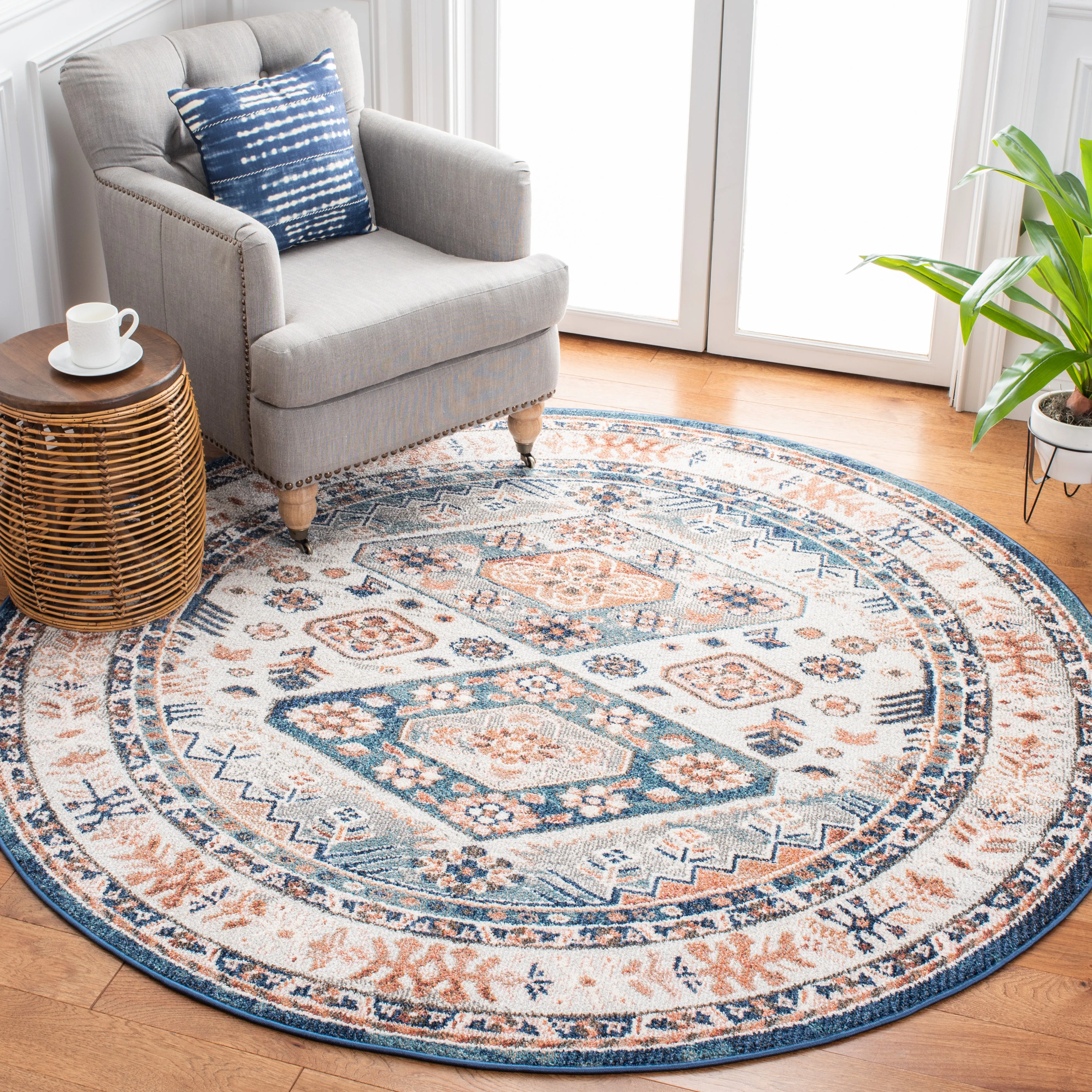 Crystal Machine Made Area Rug, Ivory / Blue Traditional Style Easy Care