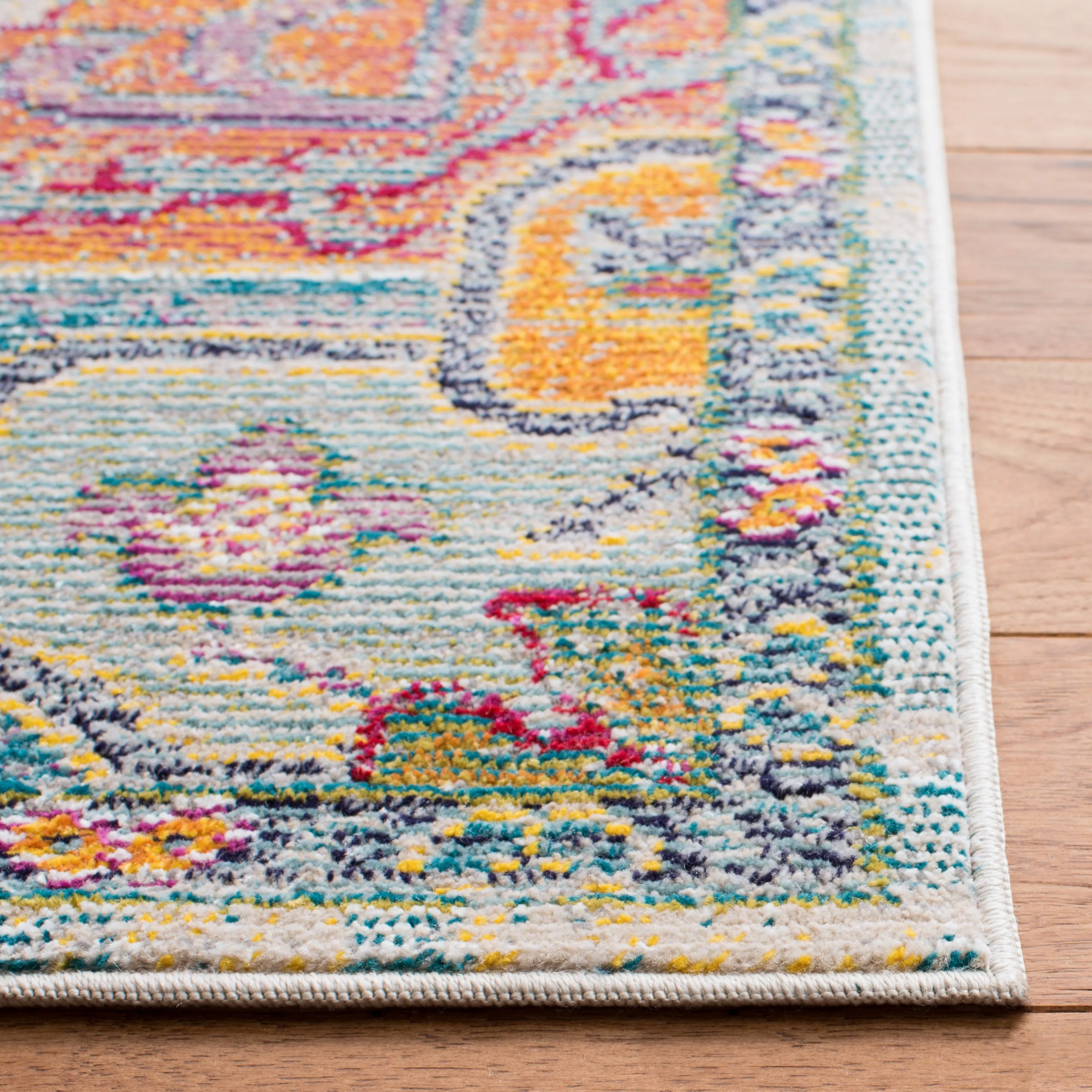 Crystal Machine Made Area Rug, Light Blue / Fuchsia Bohemian Style Easy Care