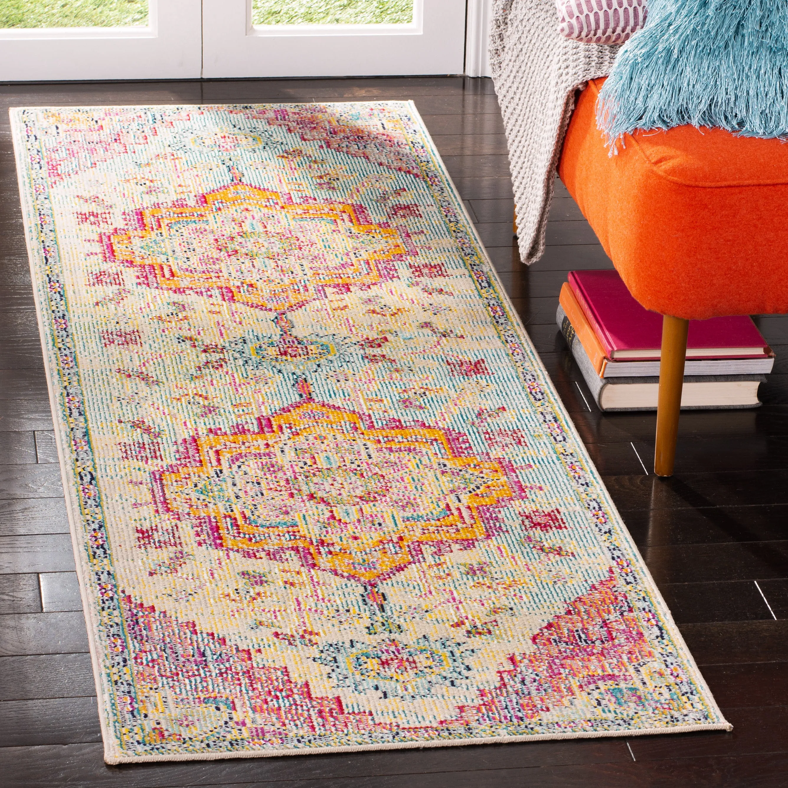Crystal Machine Made Area Rug, Light Blue / Fuchsia Bohemian Style Easy Care