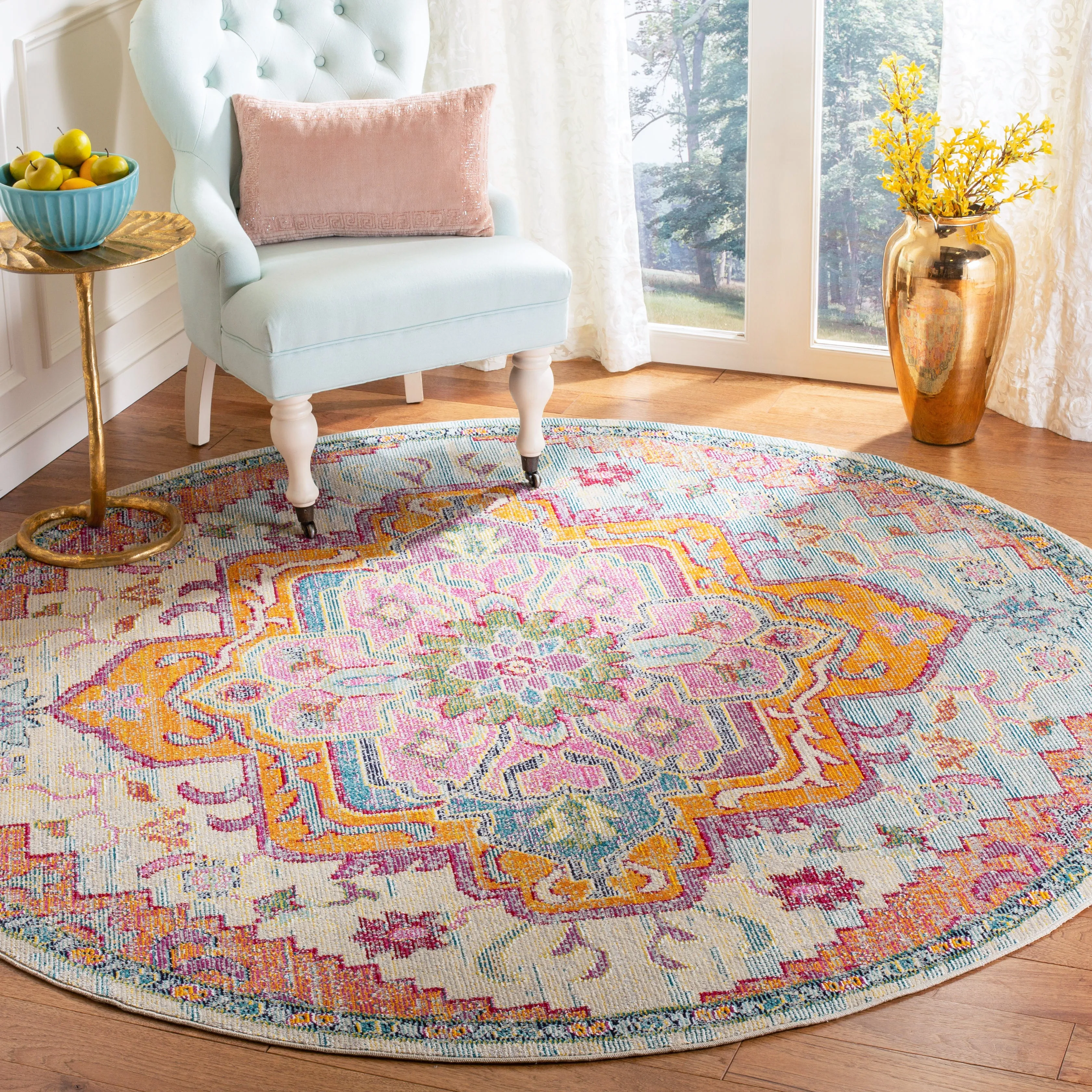Crystal Machine Made Area Rug, Light Blue / Fuchsia Bohemian Style Easy Care