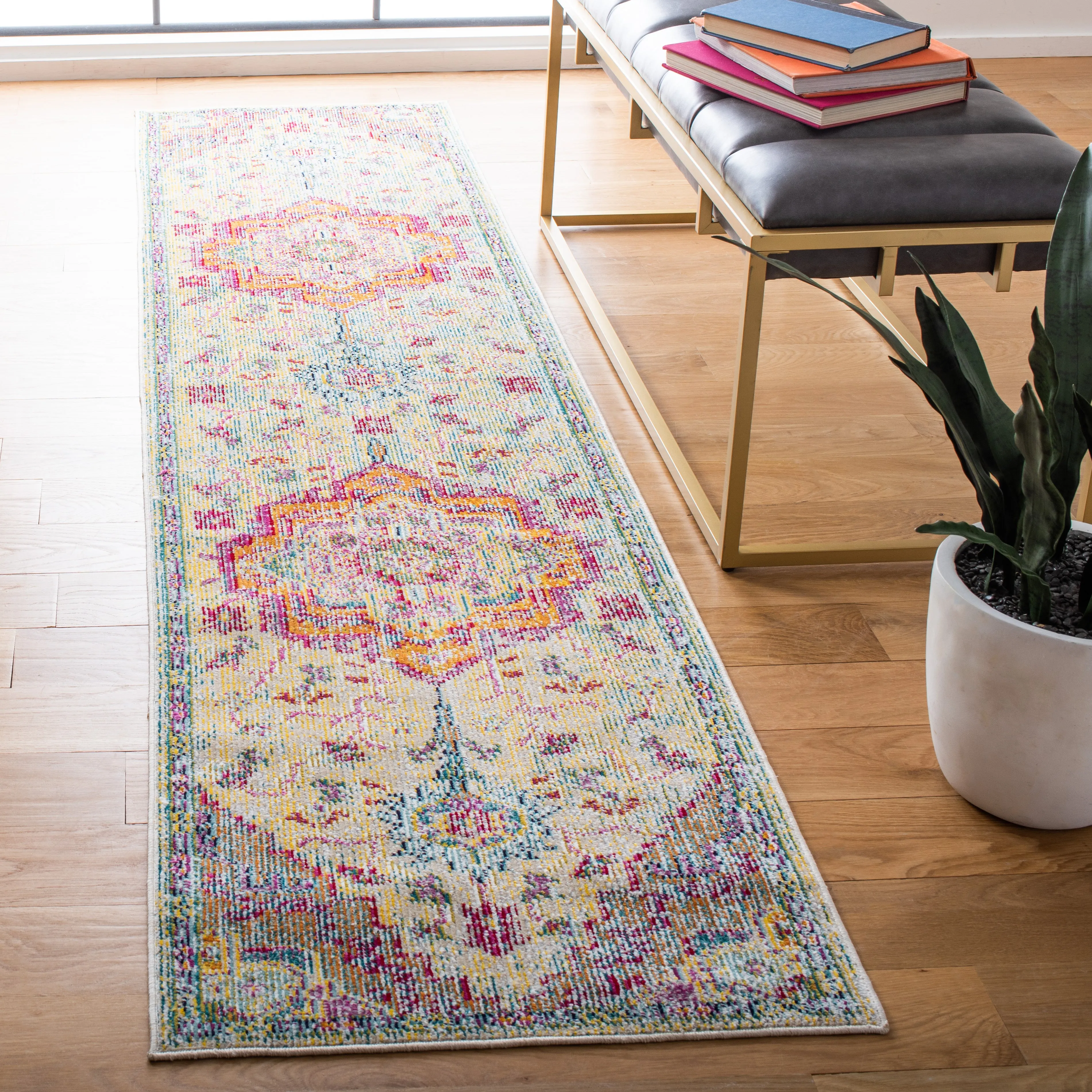 Crystal Machine Made Area Rug, Light Blue / Fuchsia Bohemian Style Easy Care