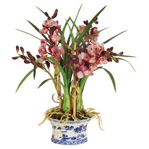 Cymbidium Orchid in Chinoiserie Pot Artificial Flowers Spring Refresh