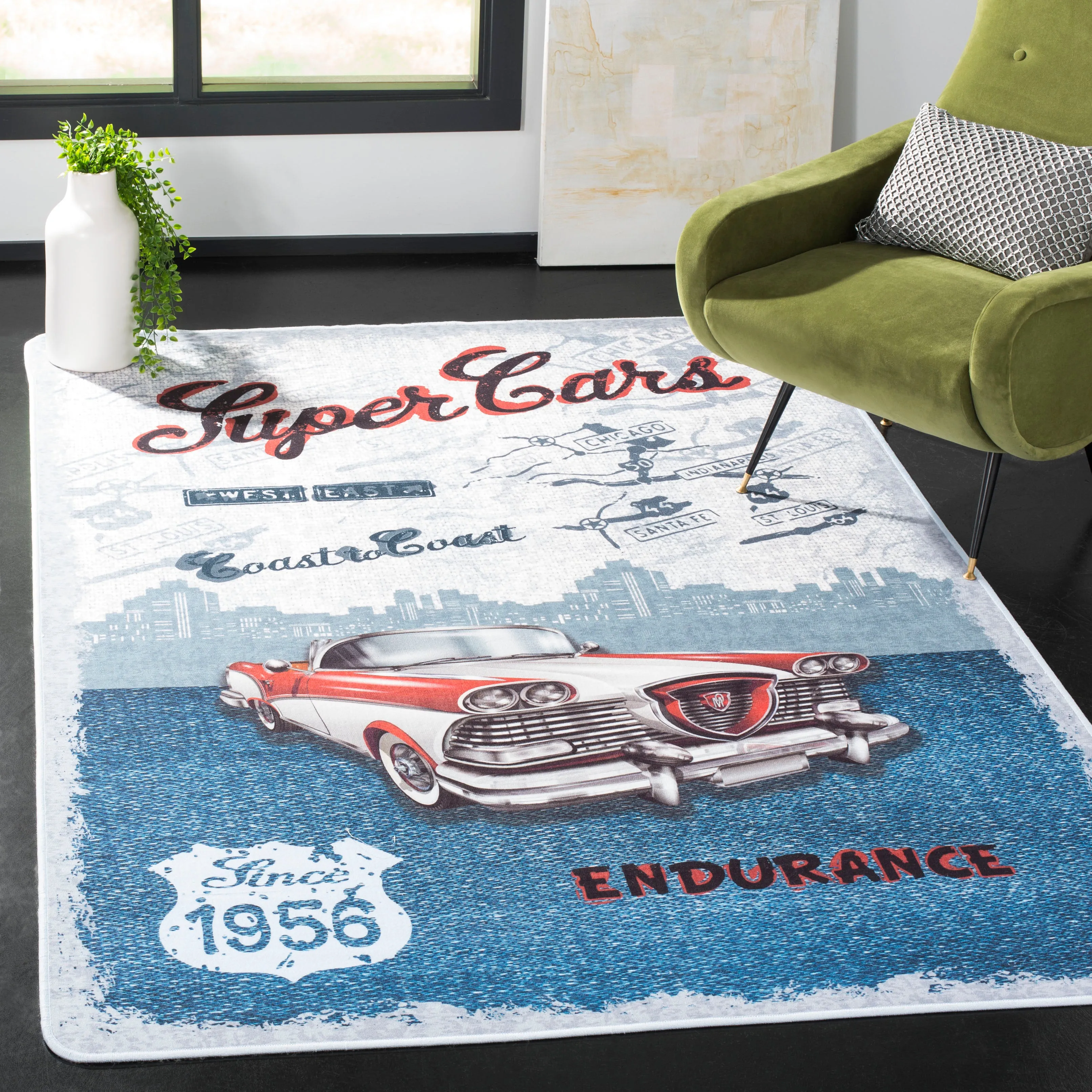 Daytona Machine Washable Non-Slip Area Rug, Light Grey / Blue Novelty Style Easy Care Area Rugs cheap home decor