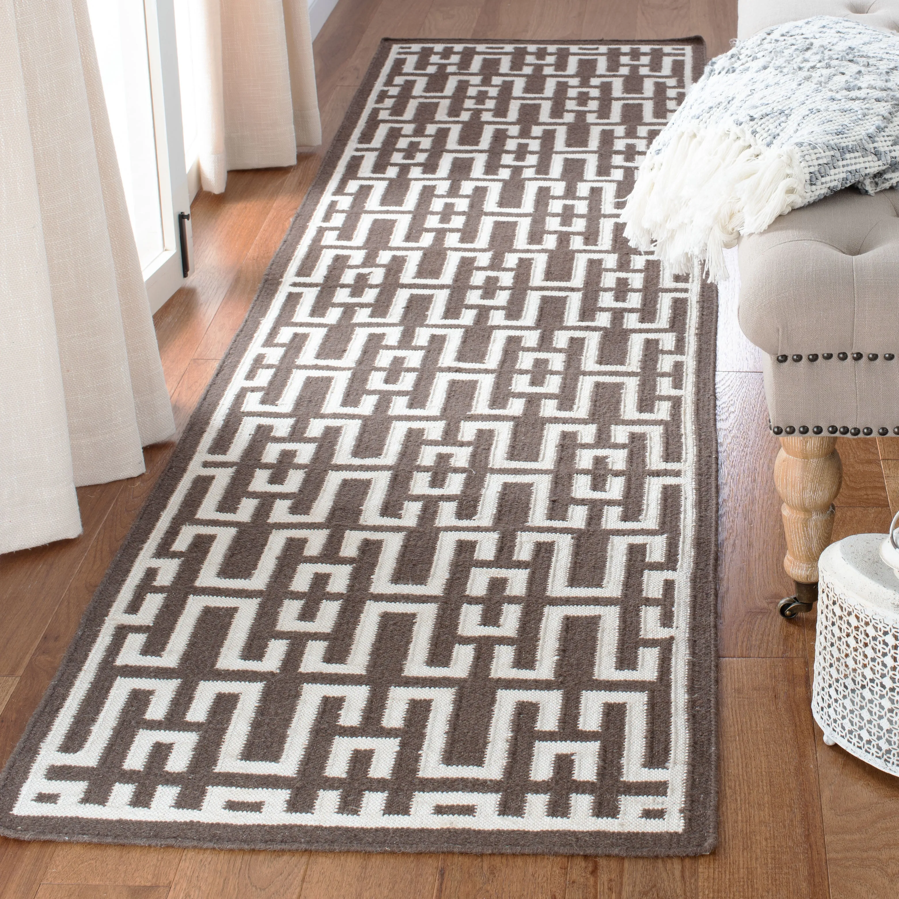 Dhurries Flat Weave Area Rug, Chocolate / Ivory Contemporary Style Easy Care Area Rugs weekend promo
