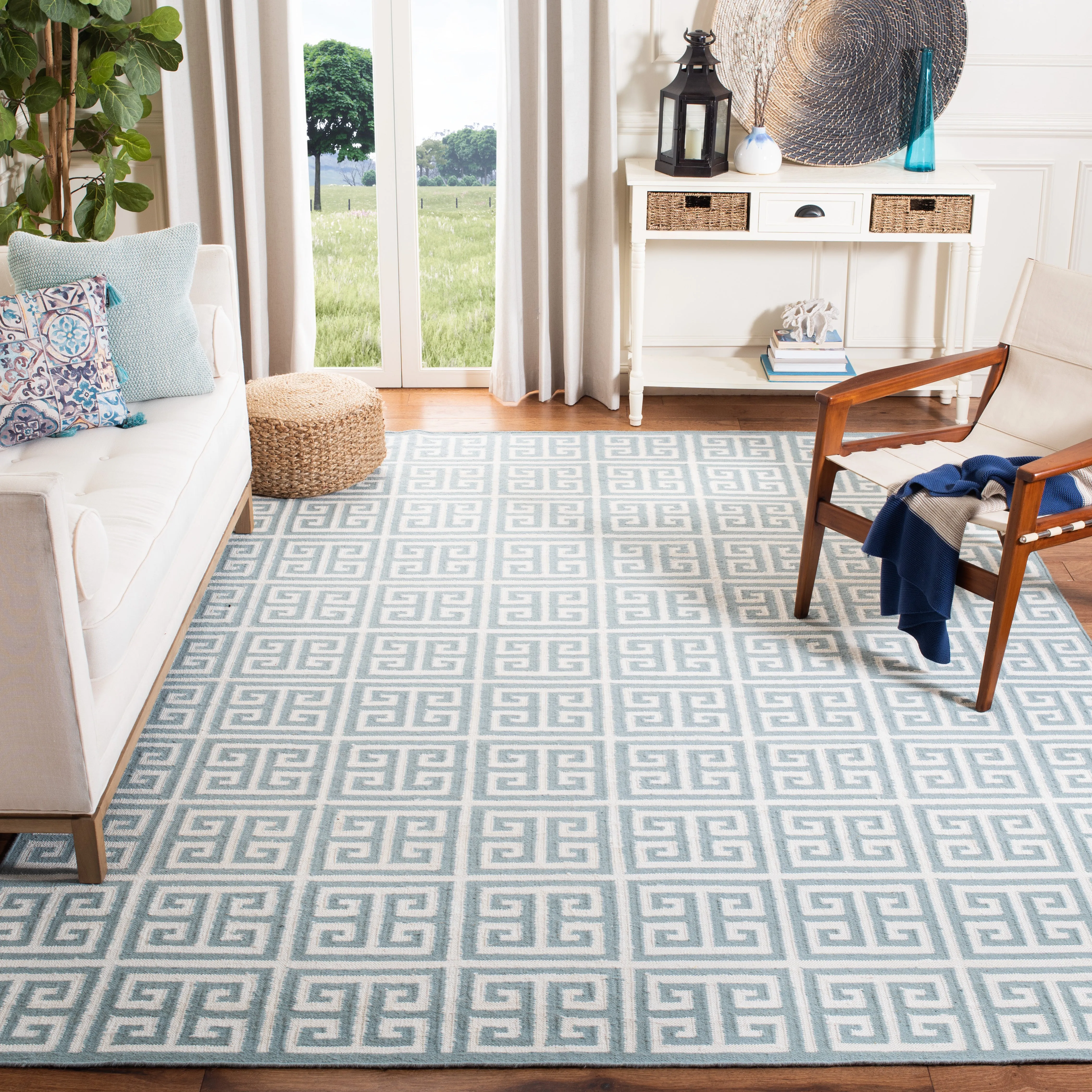 Dhurries Hand Made Area Rug, Blue / Ivory Contemporary Style Non Shedding
