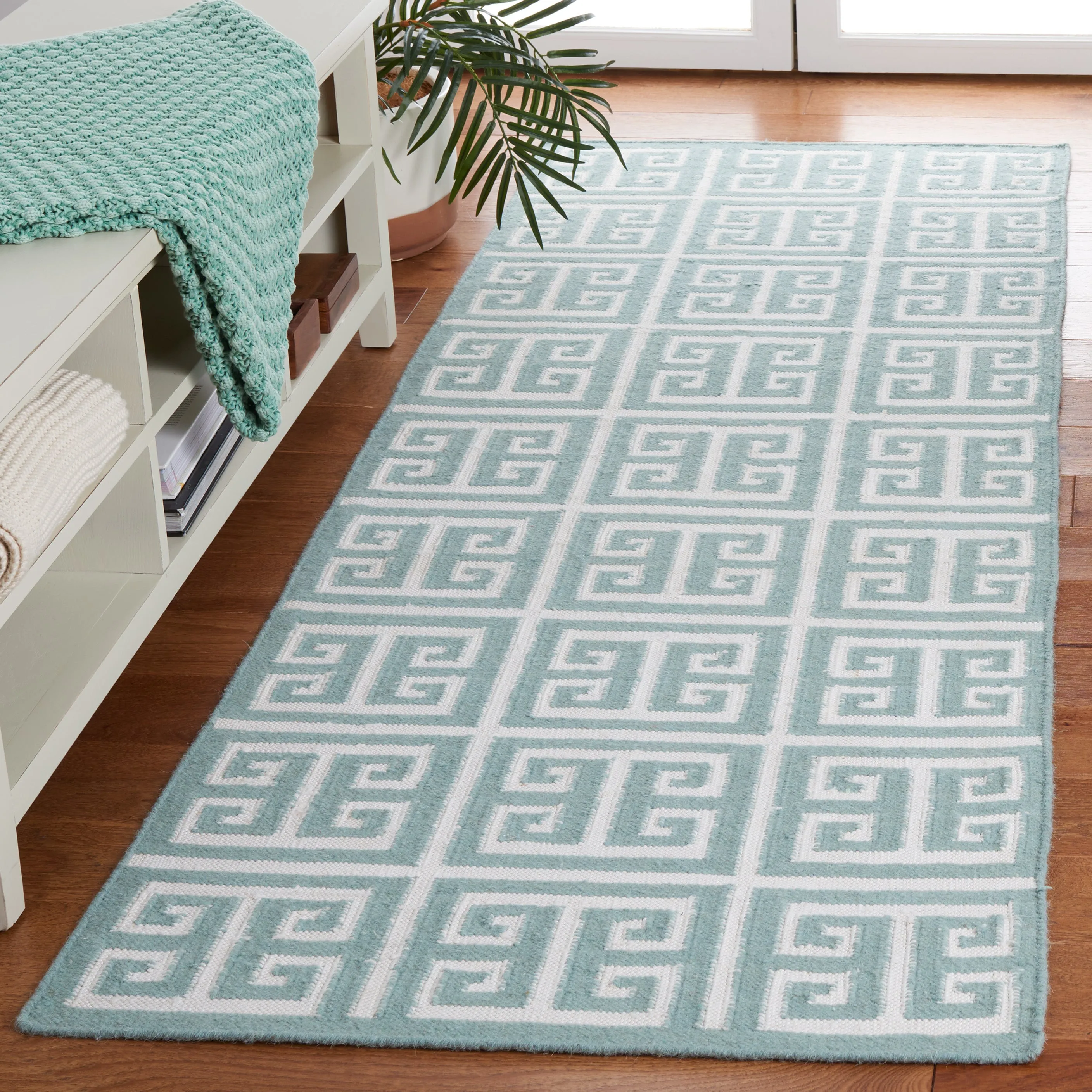 Dhurries Hand Made Area Rug, Blue / Ivory Contemporary Style Non Shedding