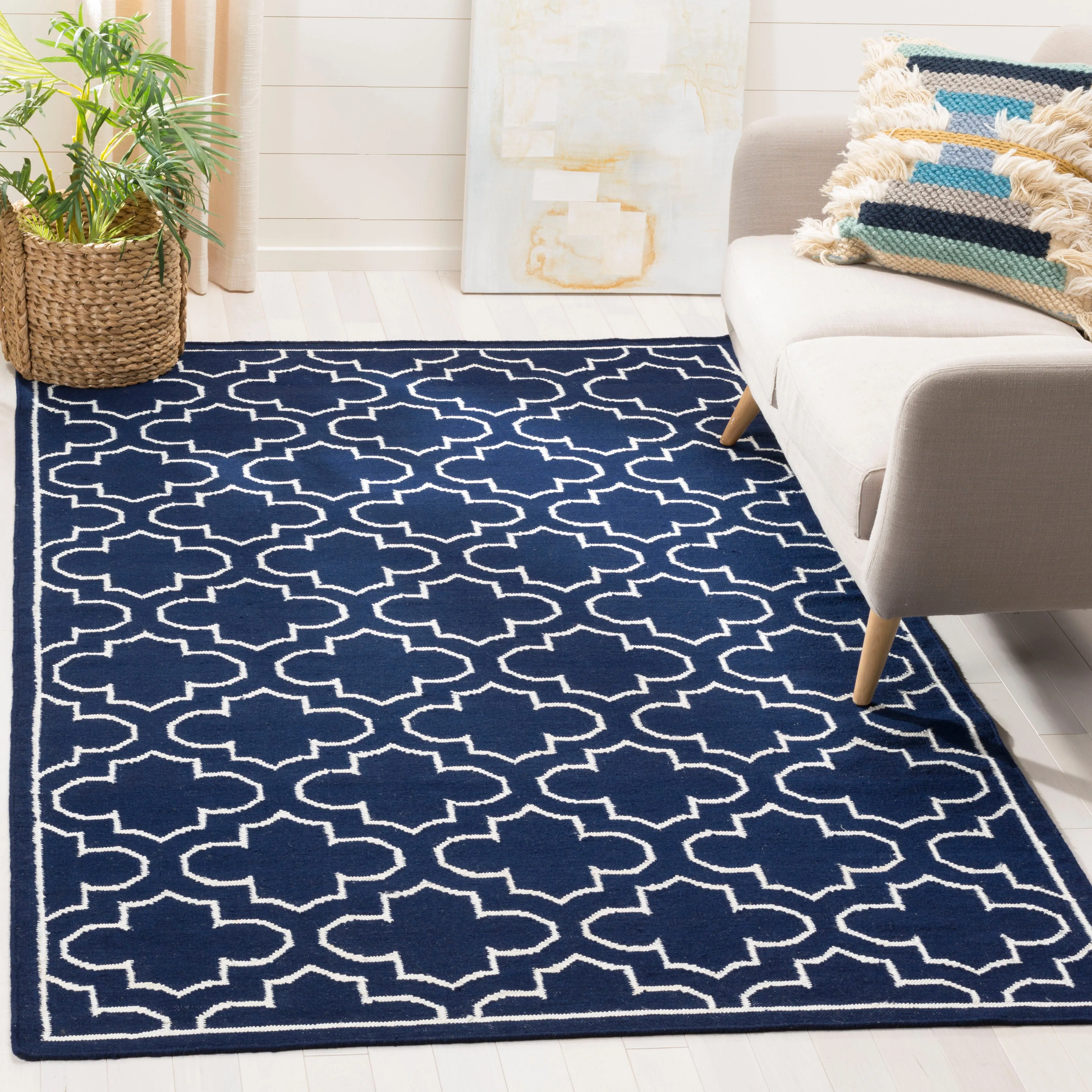 Dhurries Hand Made Area Rug, Navy / Ivory Contemporary Style Non Shedding Area Rugs weekend promo
