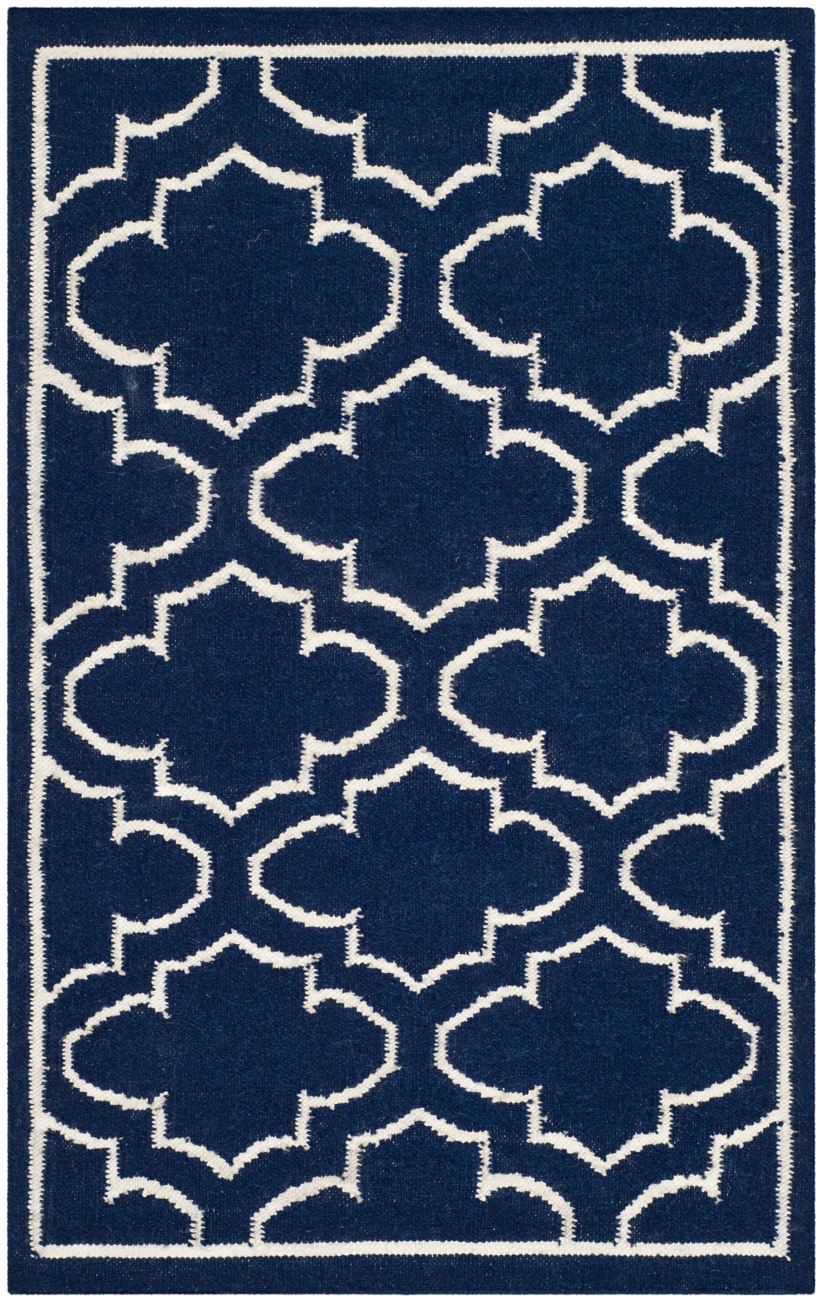 Dhurries Hand Made Area Rug, Navy / Ivory Contemporary Style Non Shedding