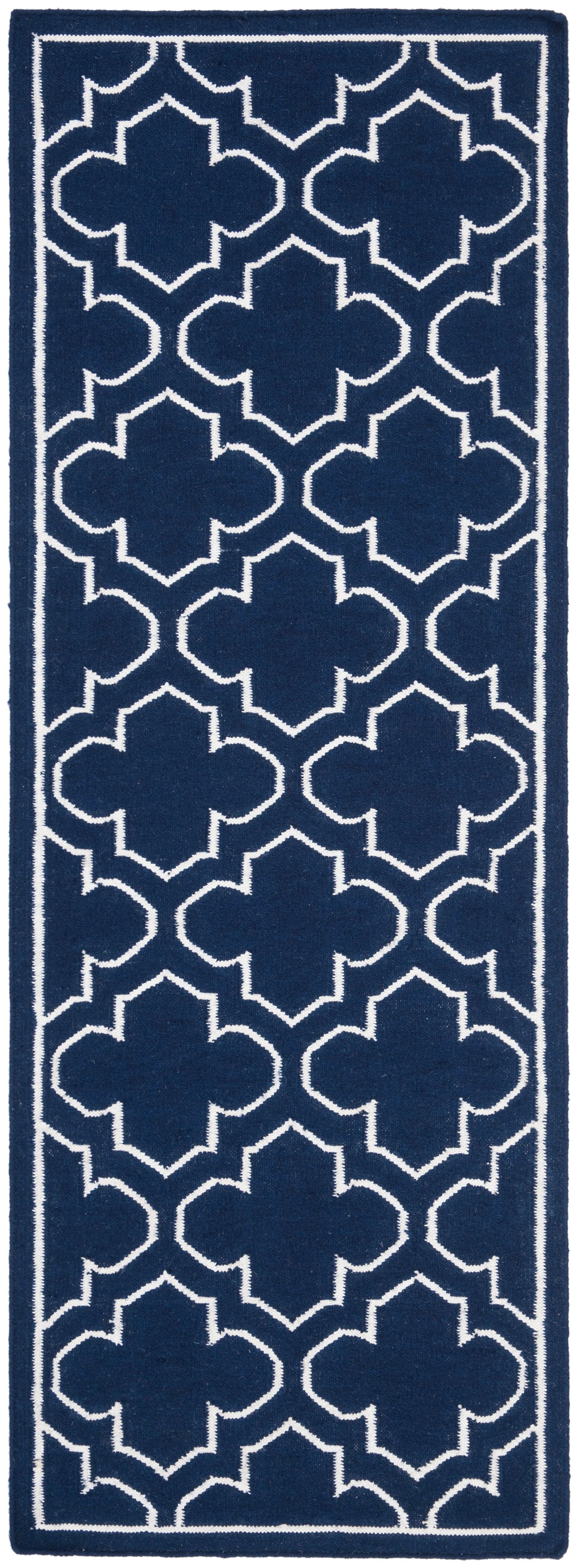 Dhurries Hand Made Area Rug, Navy / Ivory Contemporary Style Non Shedding