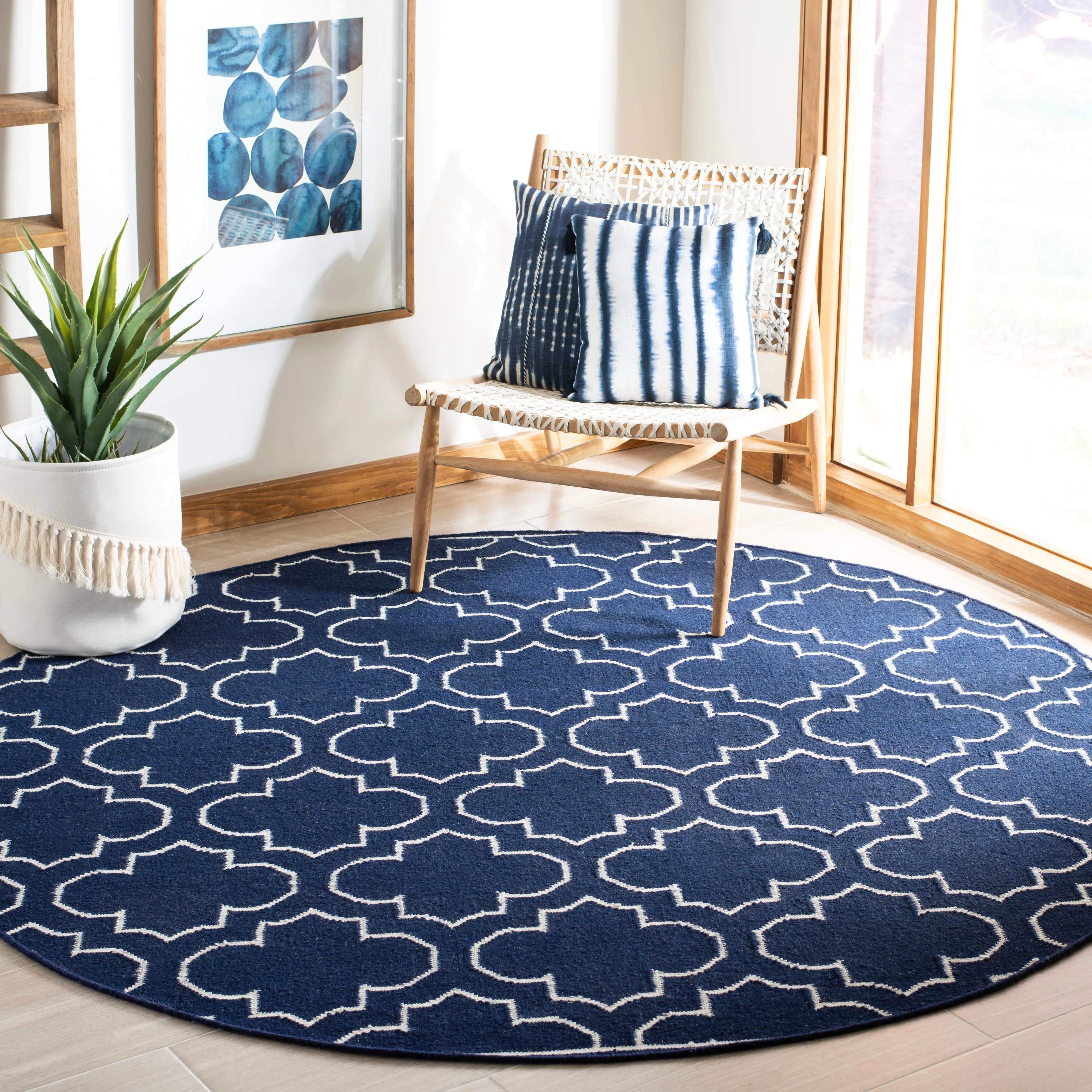 Dhurries Hand Made Area Rug, Navy / Ivory Contemporary Style Non Shedding