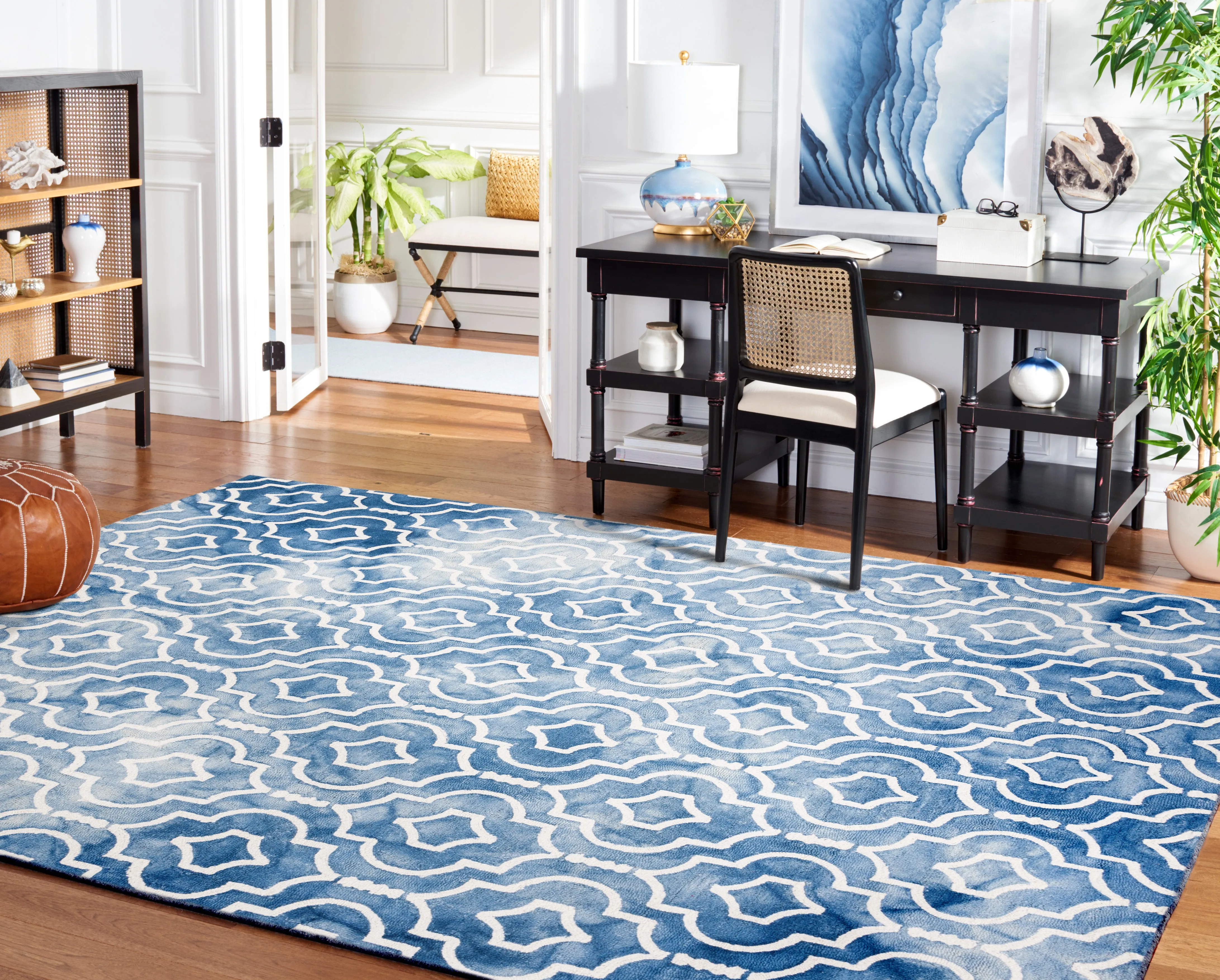 Dip Dye Hand Made Area Rug, Blue / Ivory Contemporary Style Non Shedding