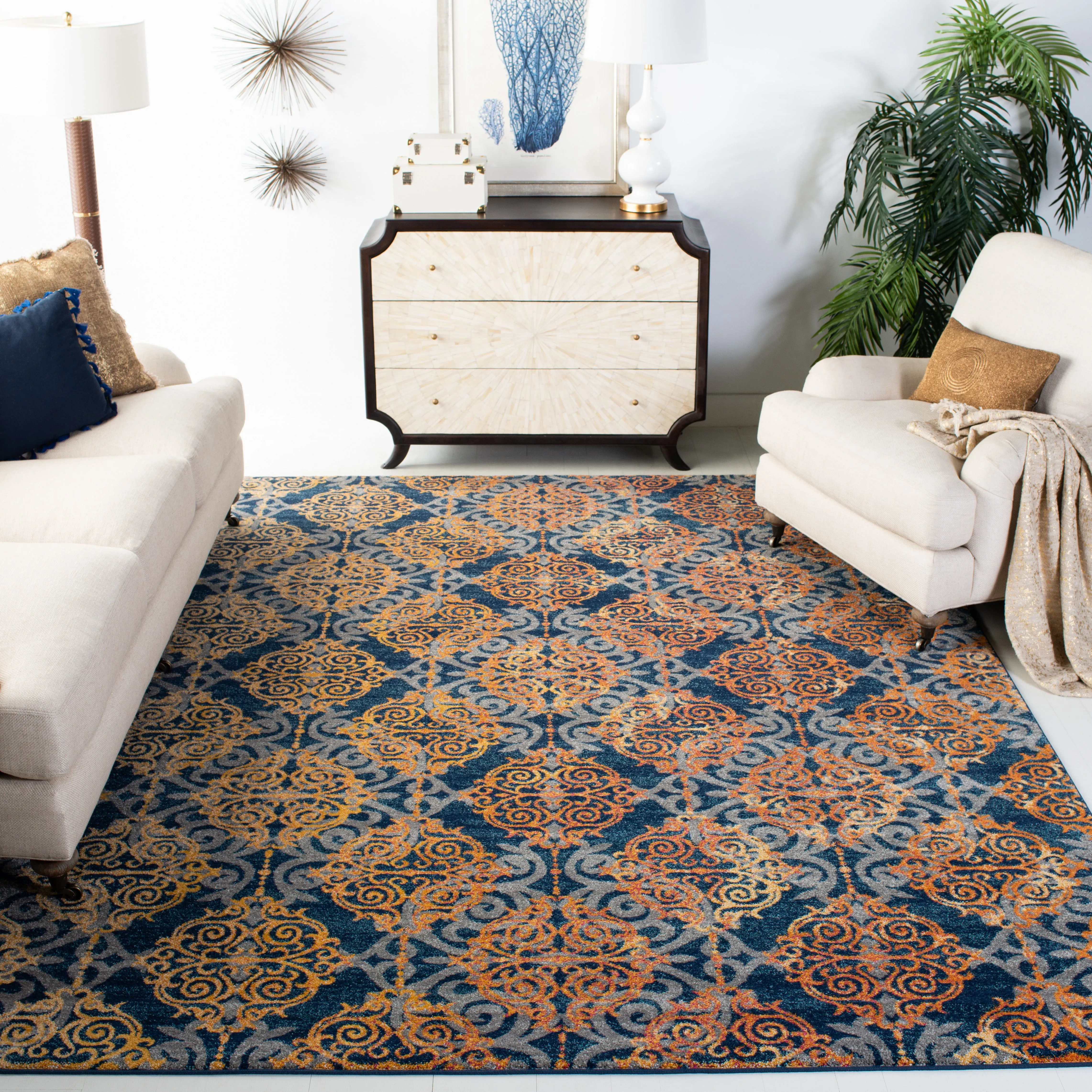Evoke Machine Made Area Rug, Blue / Orange Traditional Style Easy Care