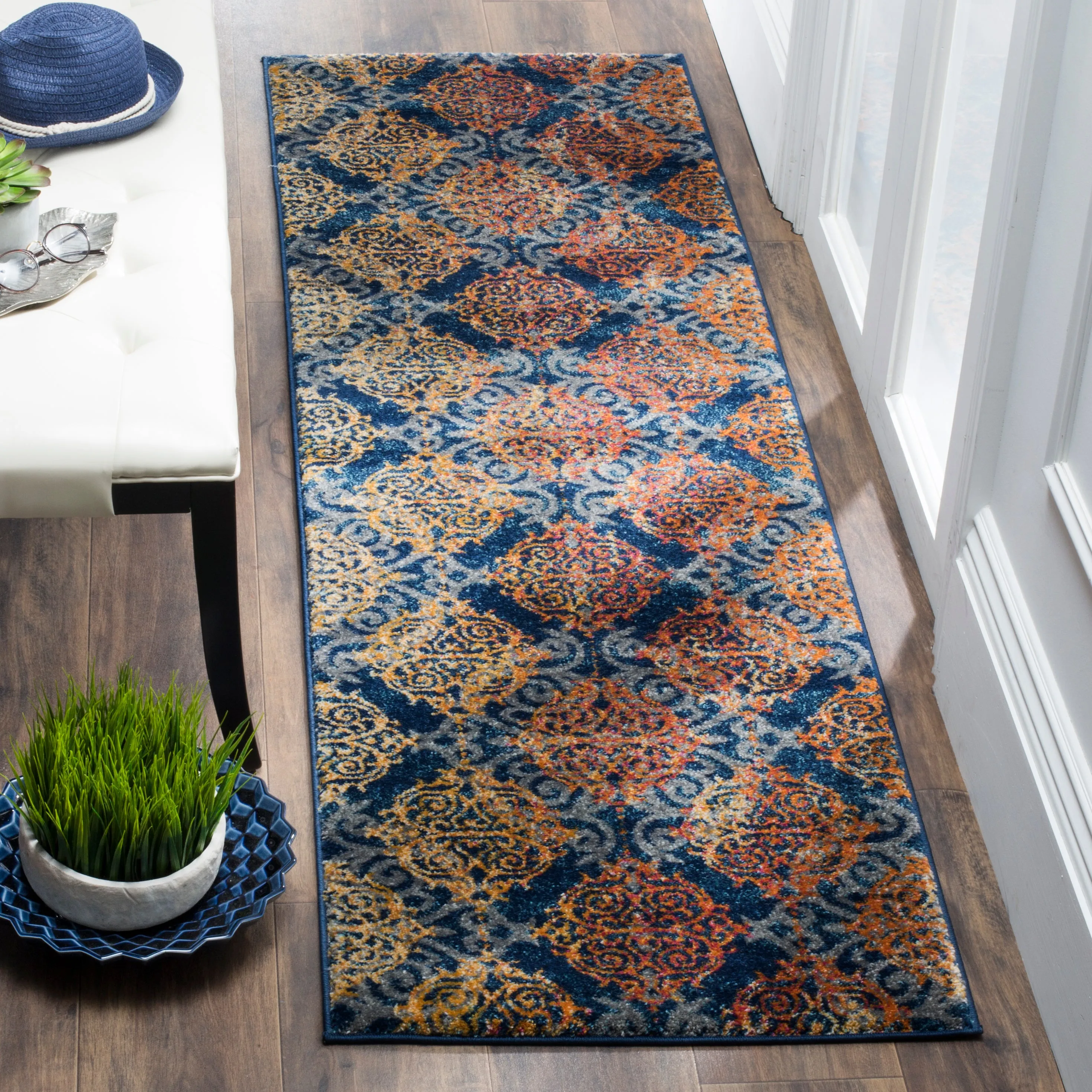 Evoke Machine Made Area Rug, Blue / Orange Traditional Style Easy Care