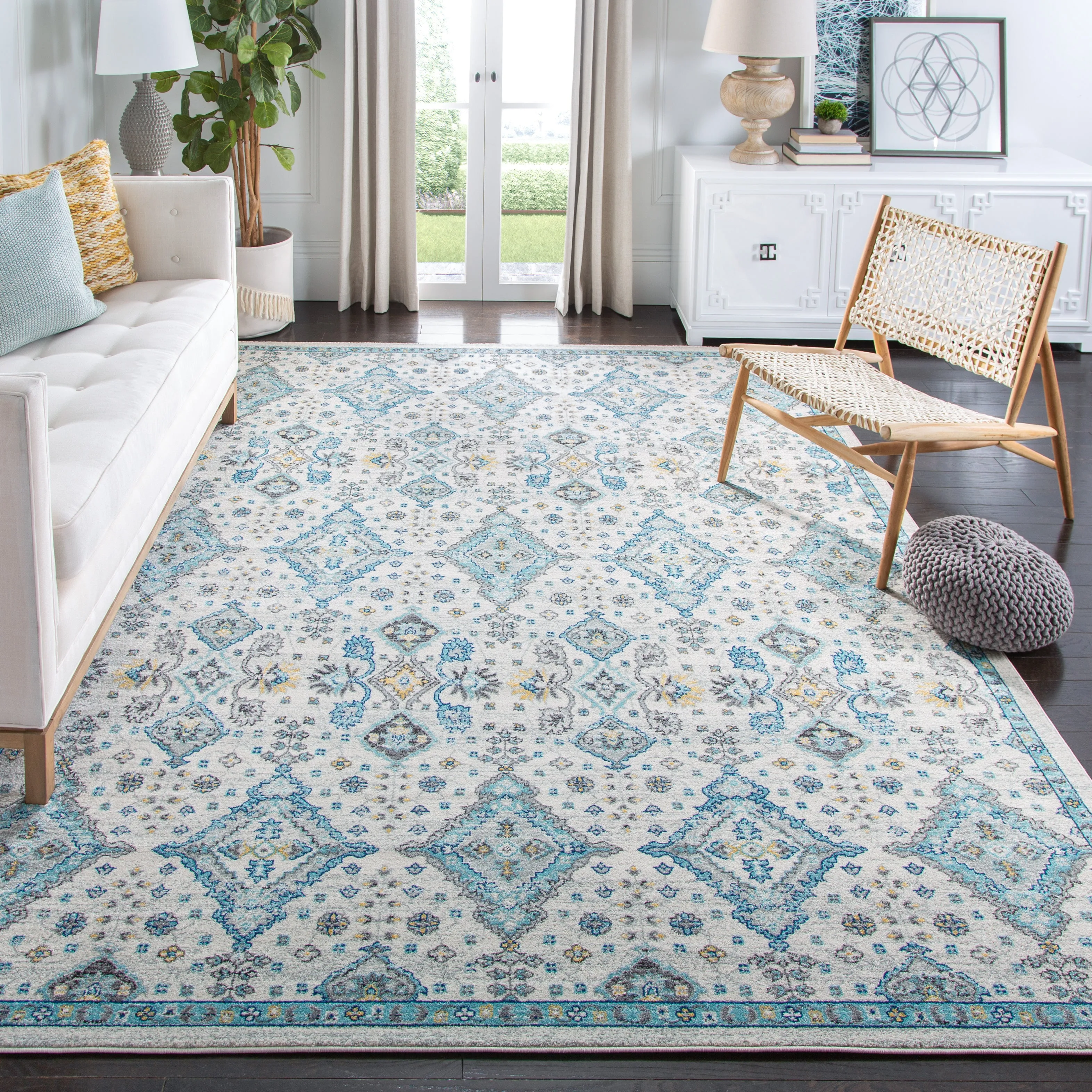 Evoke Machine Made Area Rug, Ivory / Light Blue Traditional Style Easy Care