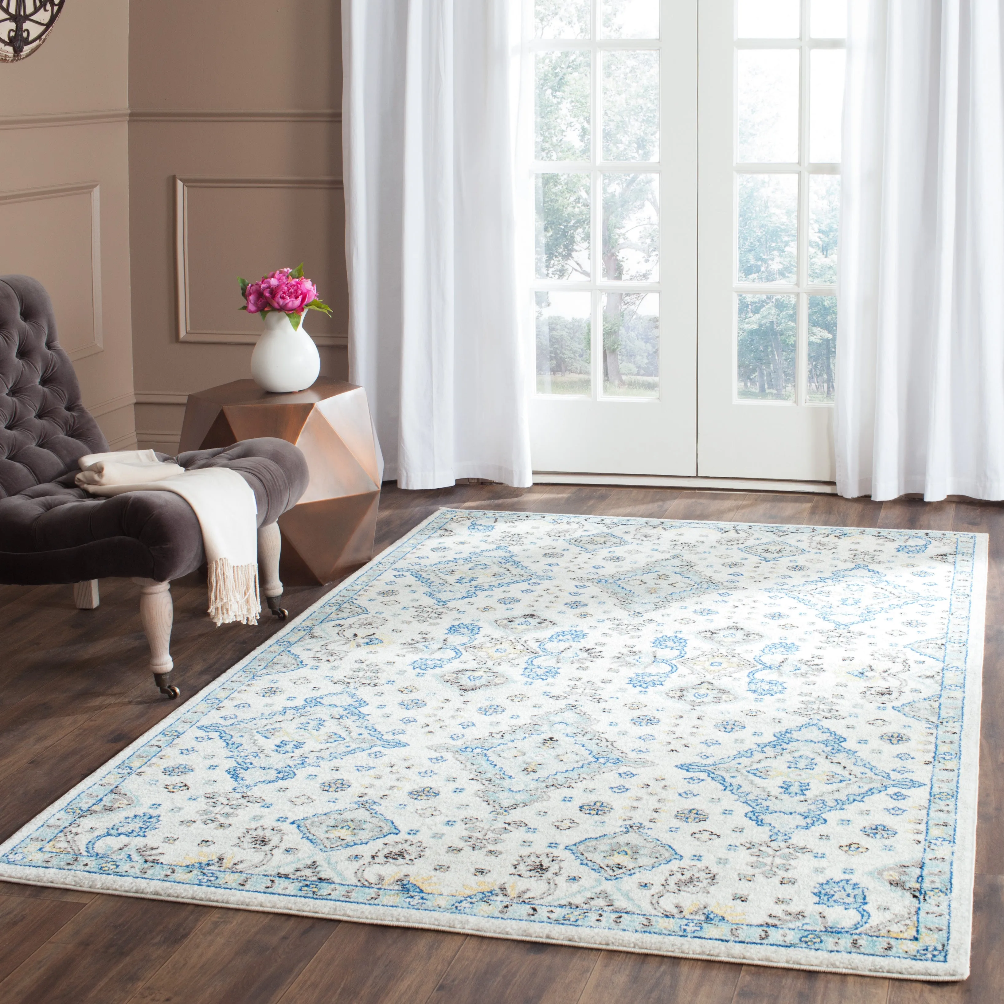 Evoke Machine Made Area Rug, Ivory / Light Blue Traditional Style Easy Care Area Rugs weekend promo