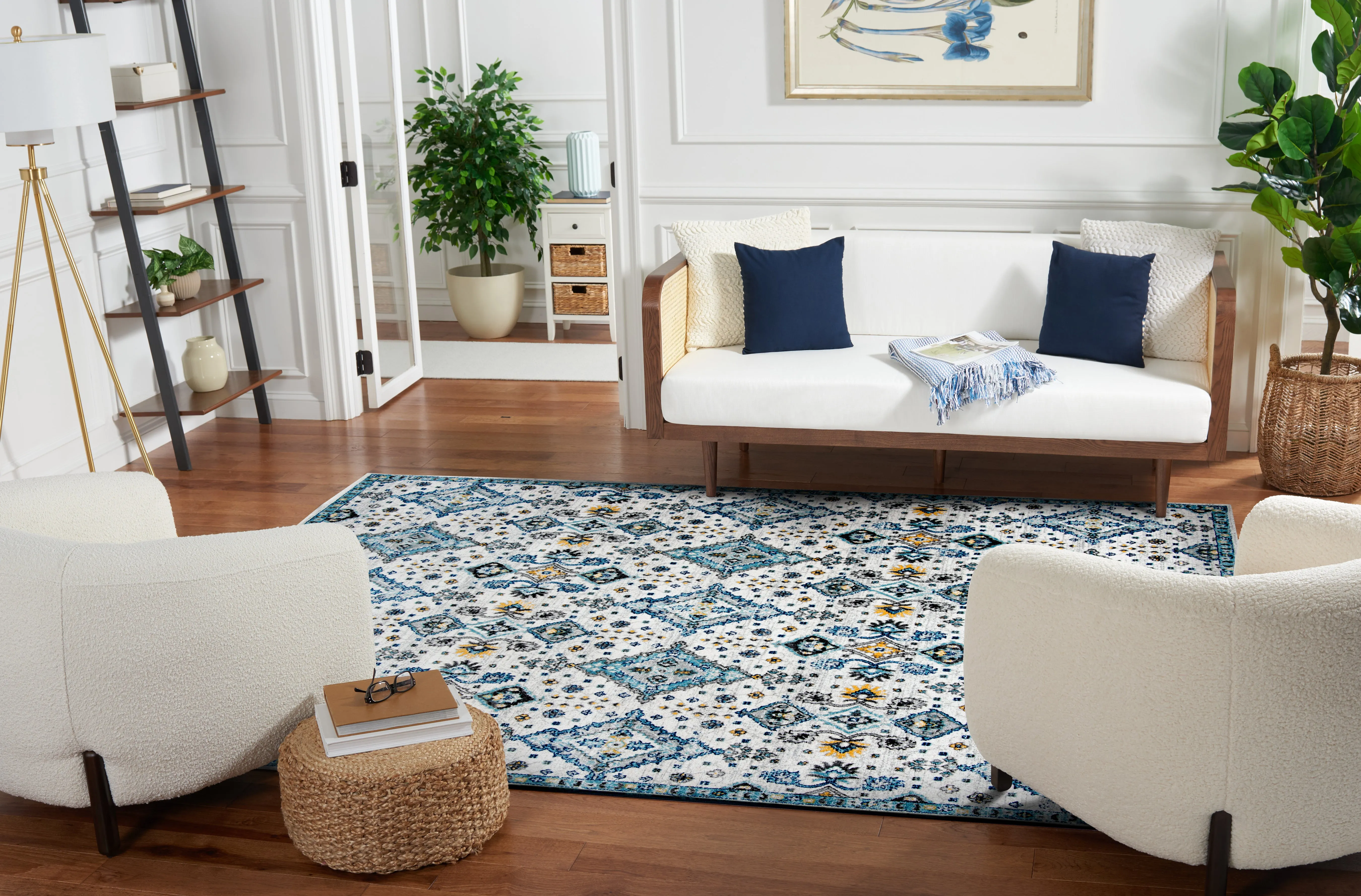 Evoke Machine Made Area Rug, Ivory / Light Blue Traditional Style Easy Care