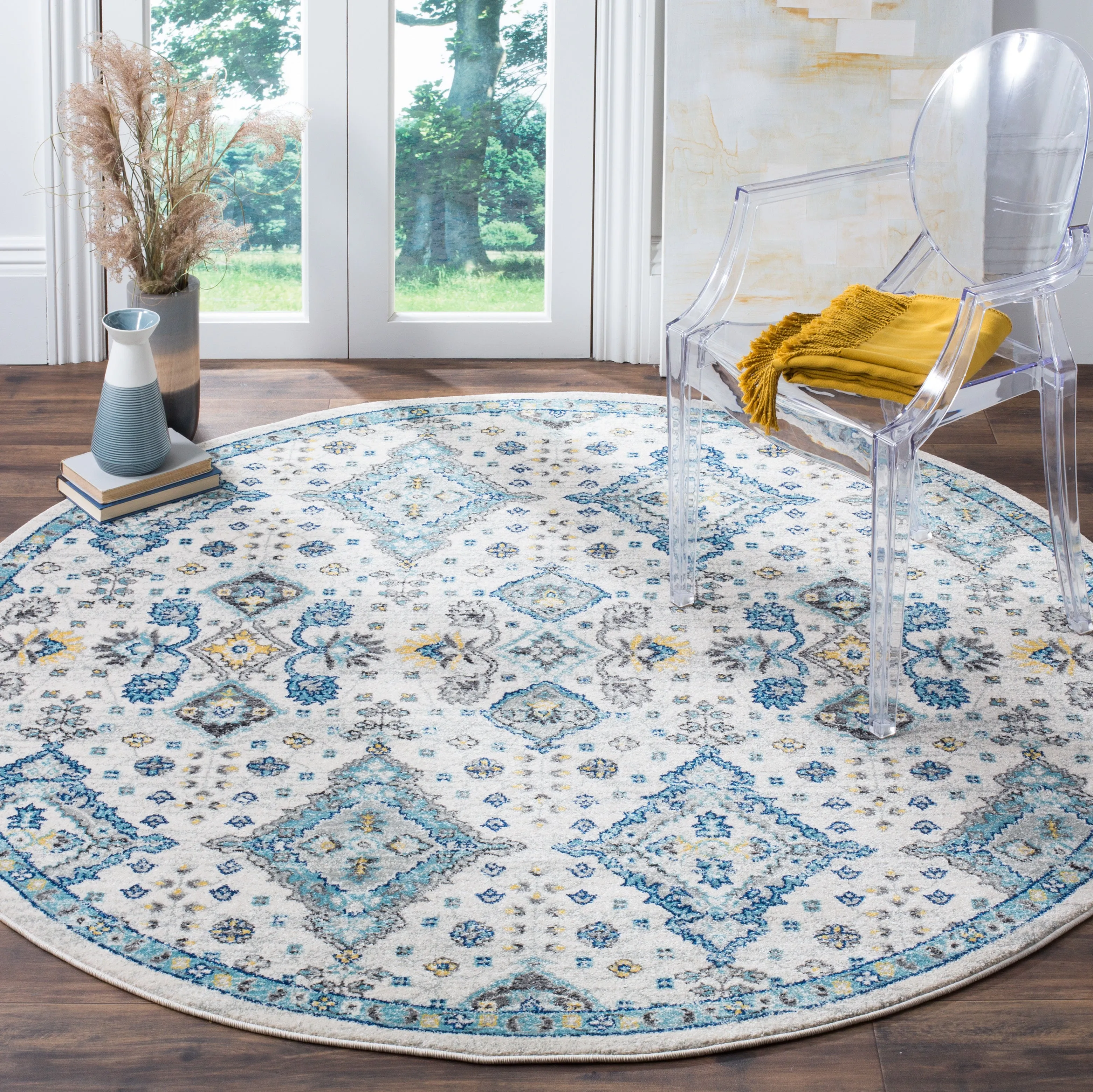 Evoke Machine Made Area Rug, Ivory / Light Blue Traditional Style Easy Care