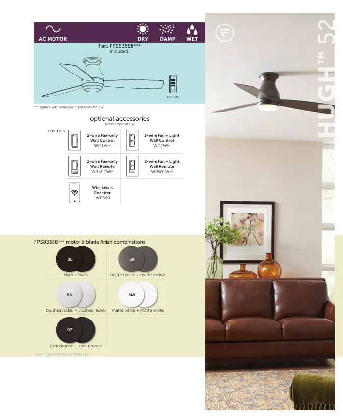 Fanimation Hugh 52" AC Indoor/Outdoor Flushmount Ceiling Fan with 18W LED Light and Remote Control
