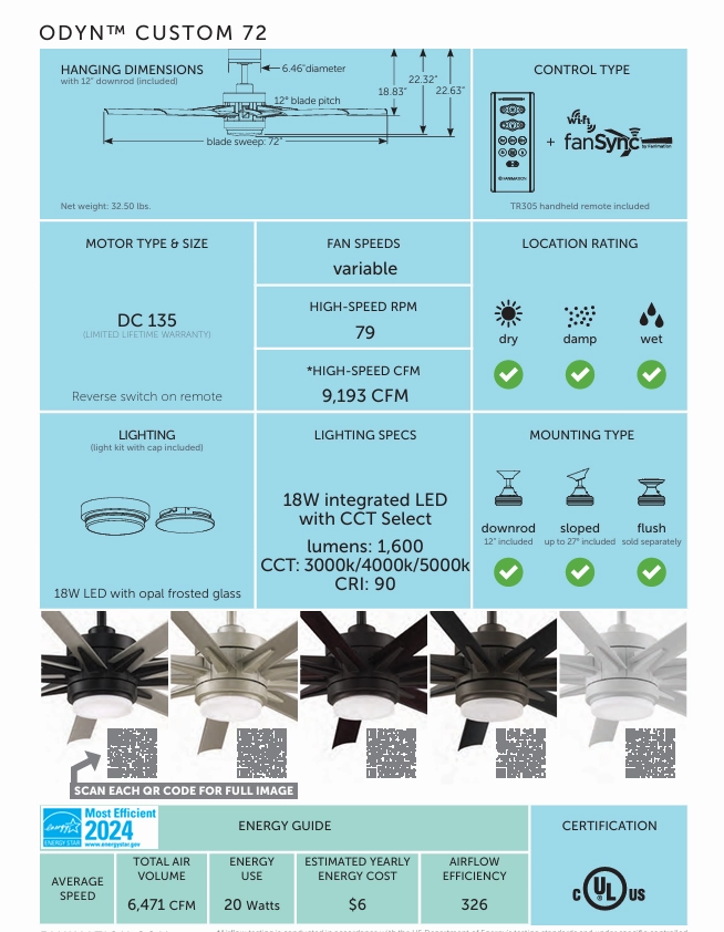 Fanimation Odyn 72" DC Indoor/Outdoor Mix & Match Ceiling Fan with 18W LED Light and Remote Control