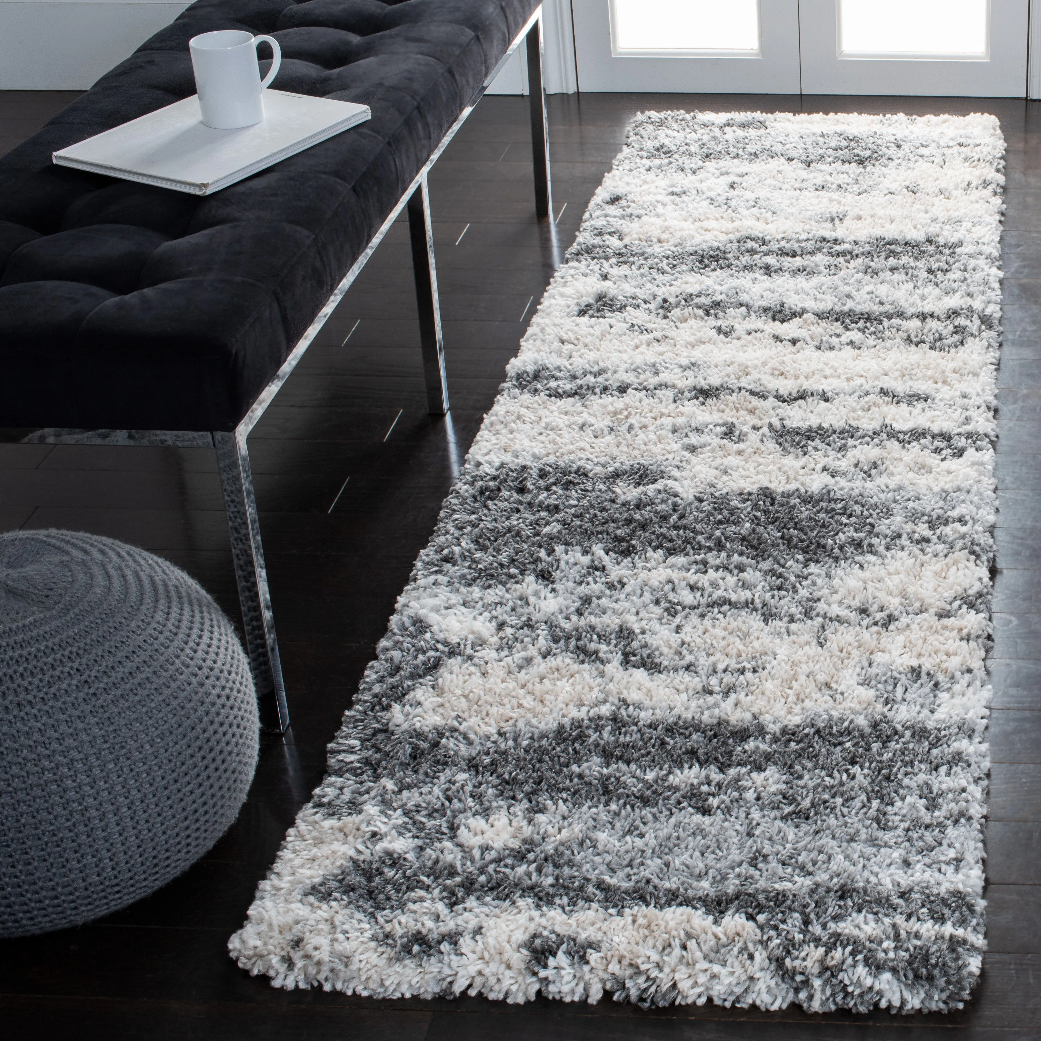 Fontana Shag  Area Rug, Grey / Ivory Flokati Style Non-Shedding