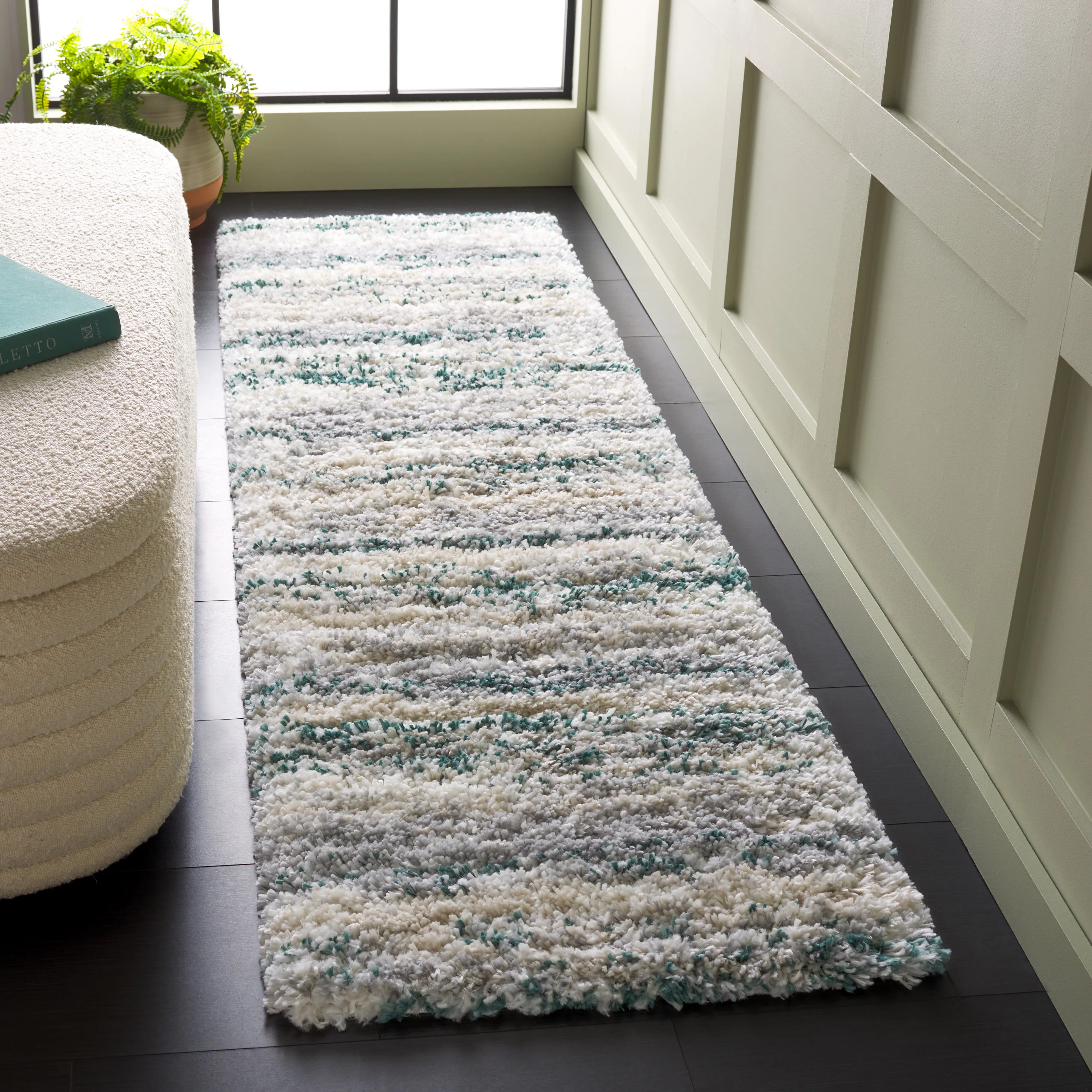 Fontana Shag  Area Rug, Ivory / Green Modern Style Non-Shedding