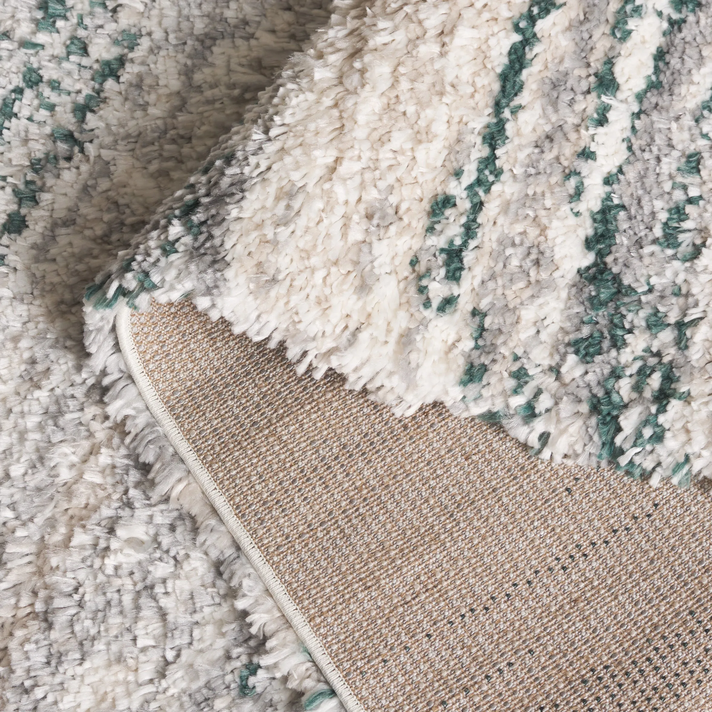 Fontana Shag  Area Rug, Ivory / Green Modern Style Non-Shedding