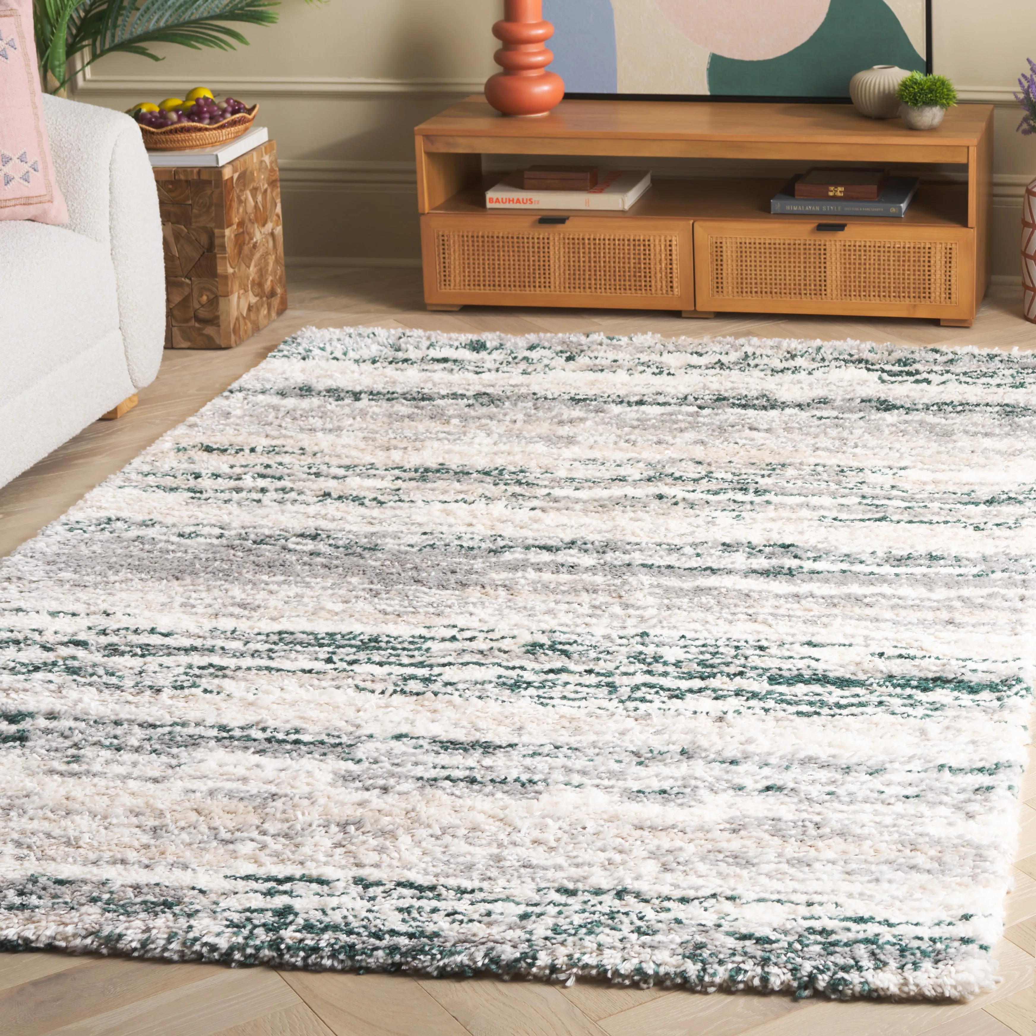 Fontana Shag  Area Rug, Ivory / Green Modern Style Non-Shedding Area Rugs holiday deals