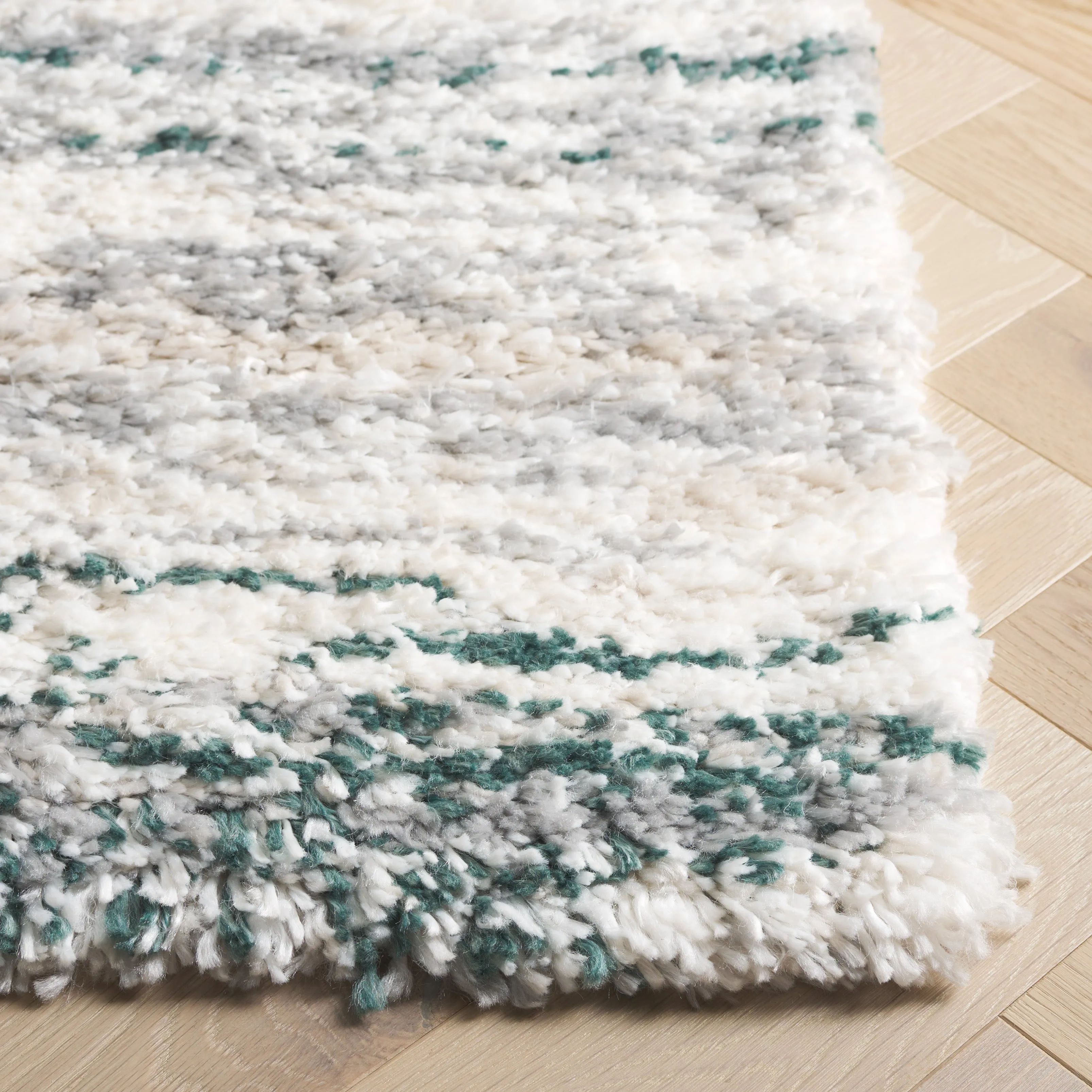 Fontana Shag  Area Rug, Ivory / Green Modern Style Non-Shedding