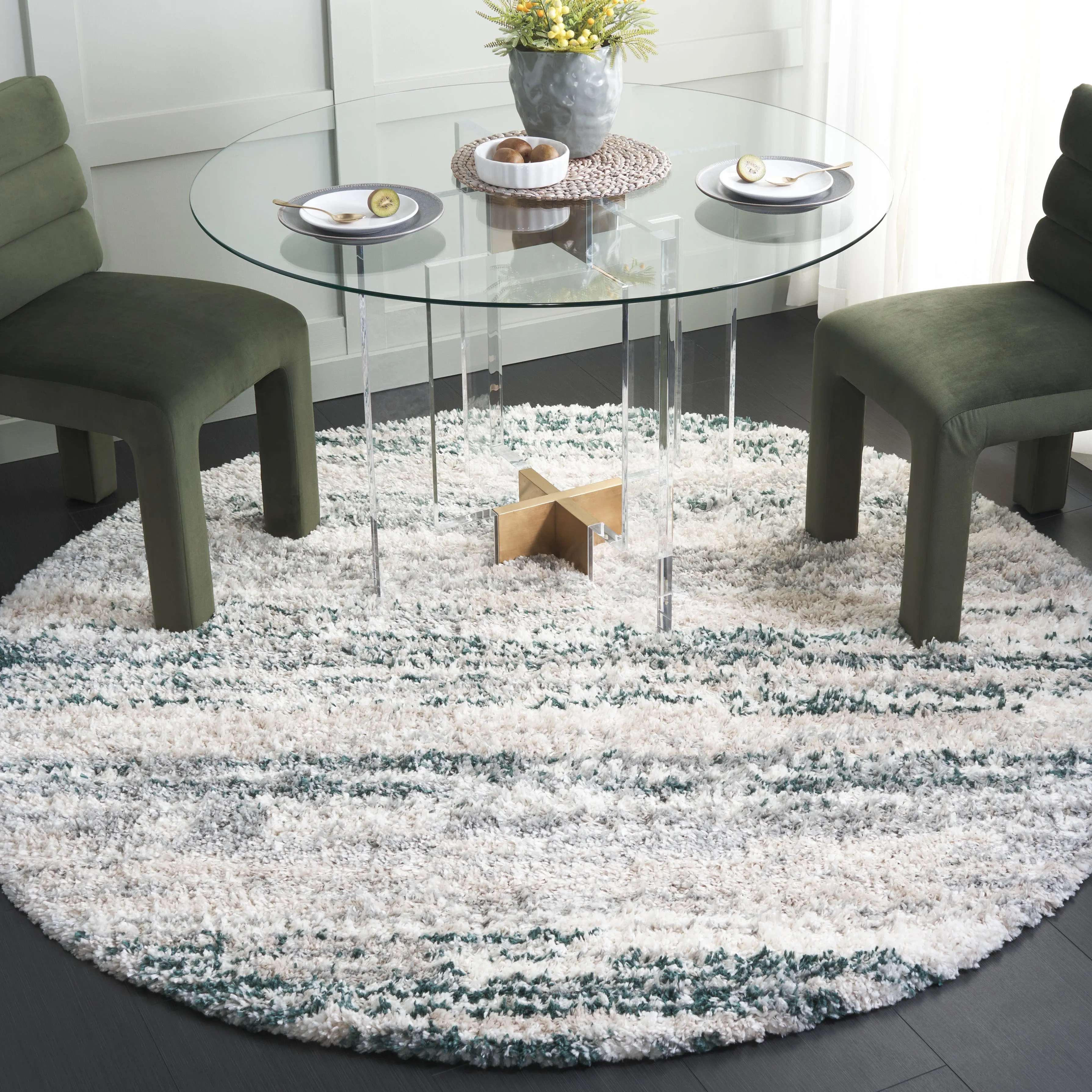 Fontana Shag  Area Rug, Ivory / Green Modern Style Non-Shedding