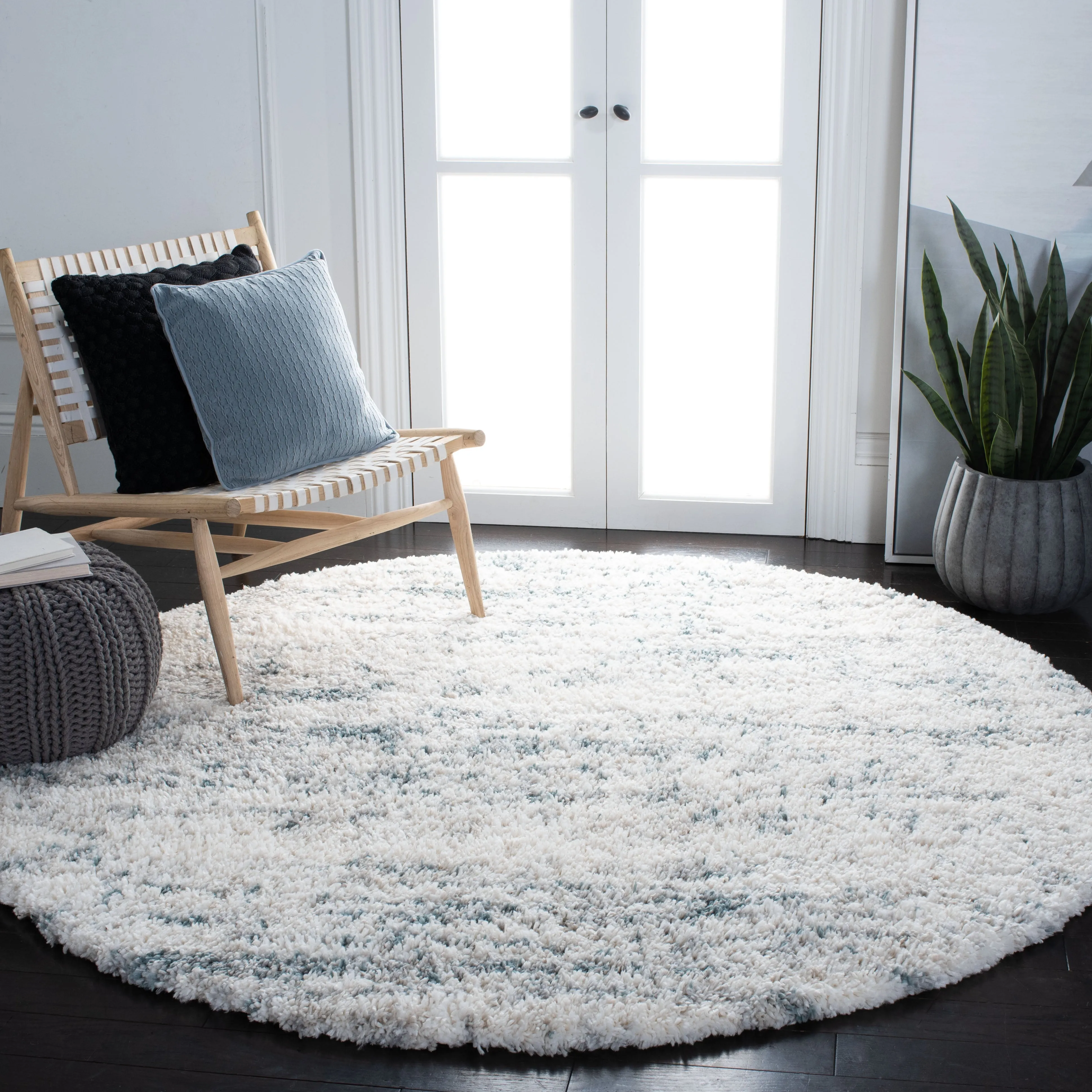 Fontana Shag  Area Rug, Ivory / Teal Modern Style Non-Shedding