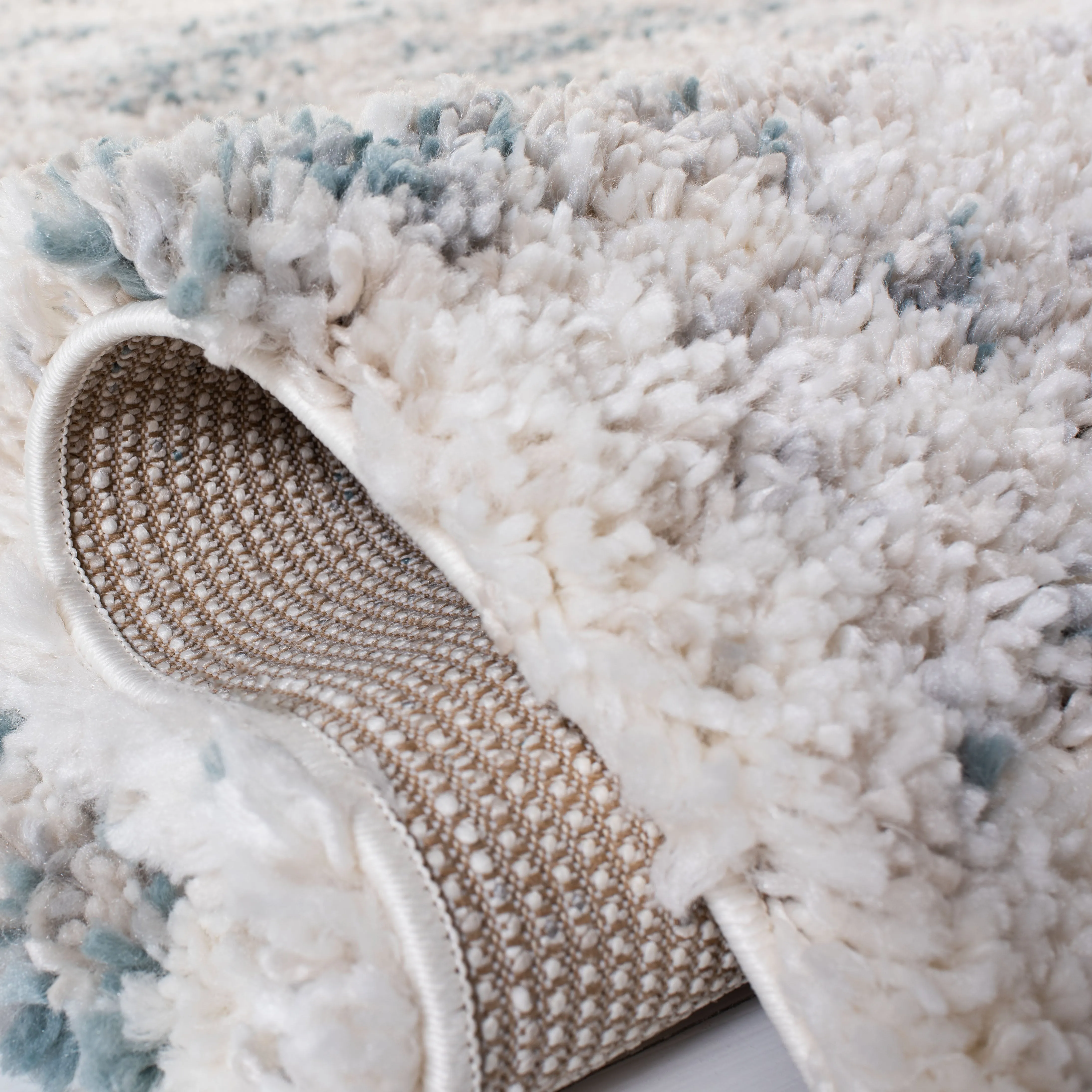 Fontana Shag  Area Rug, Ivory / Teal Modern Style Non-Shedding