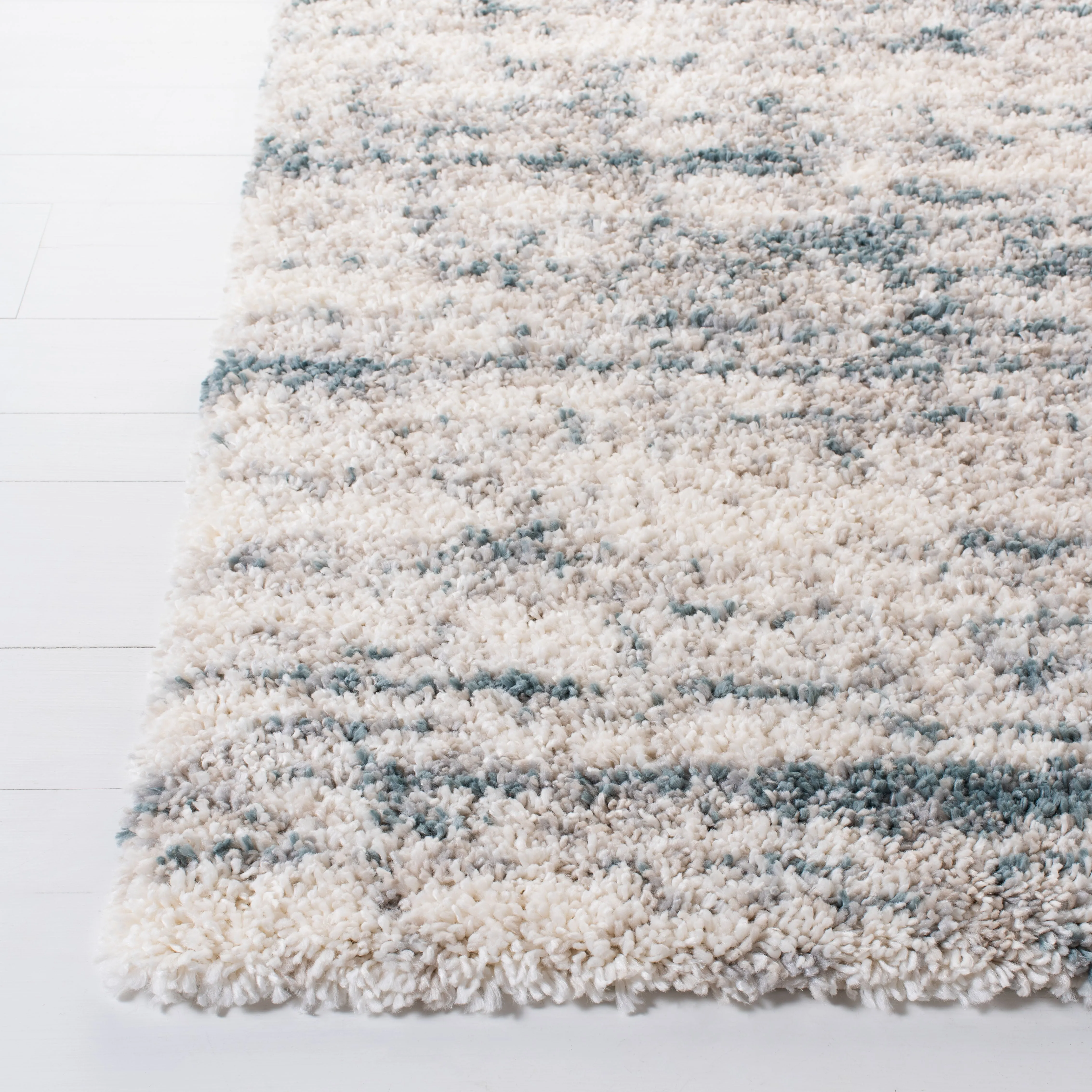 Fontana Shag  Area Rug, Ivory / Teal Modern Style Non-Shedding
