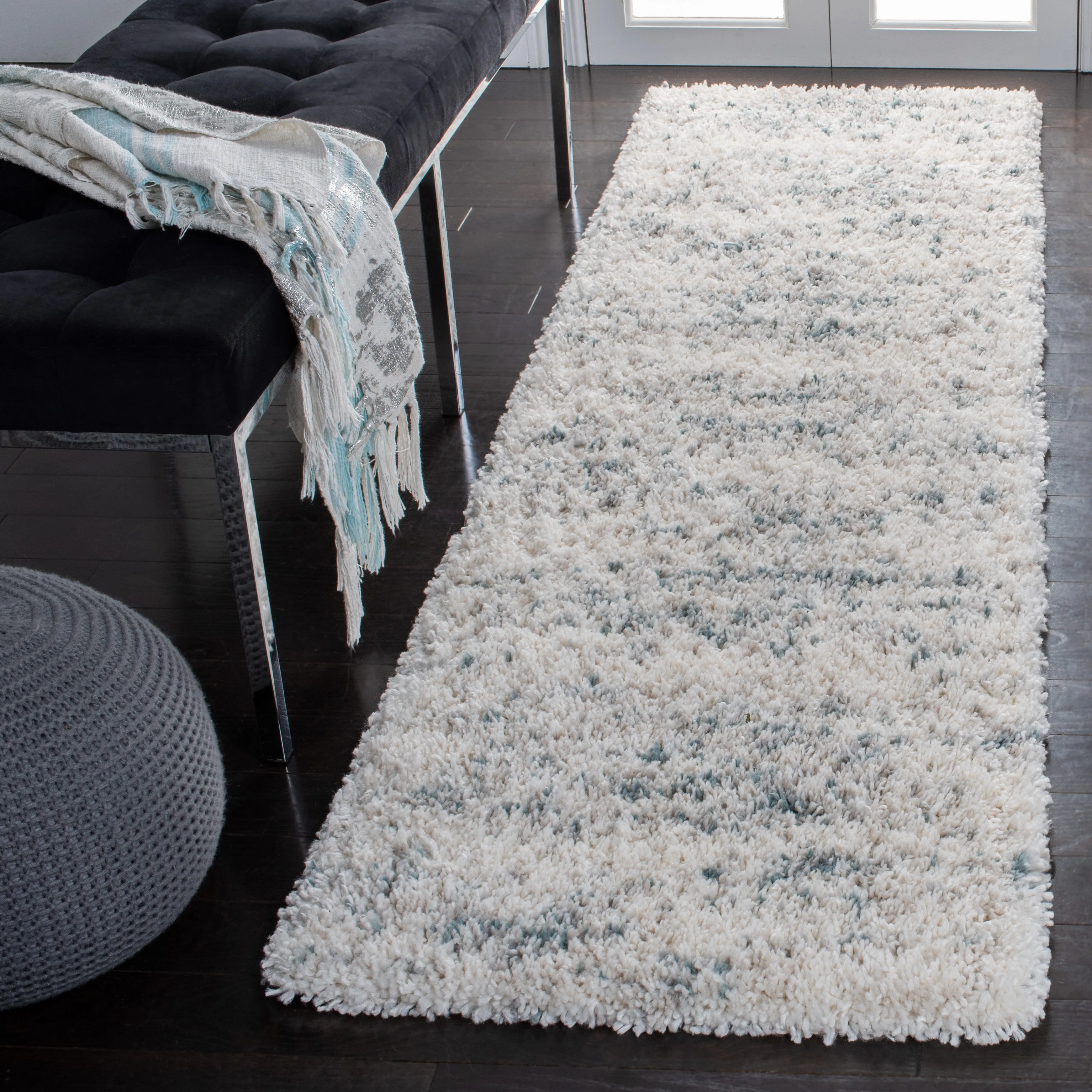 Fontana Shag  Area Rug, Ivory / Teal Modern Style Non-Shedding