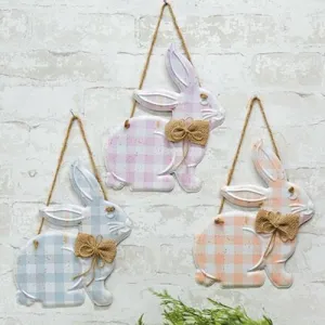 Gingham Bunnies Hanging Metal Sign 3 Asstd. Cheap Holiday Home Decor