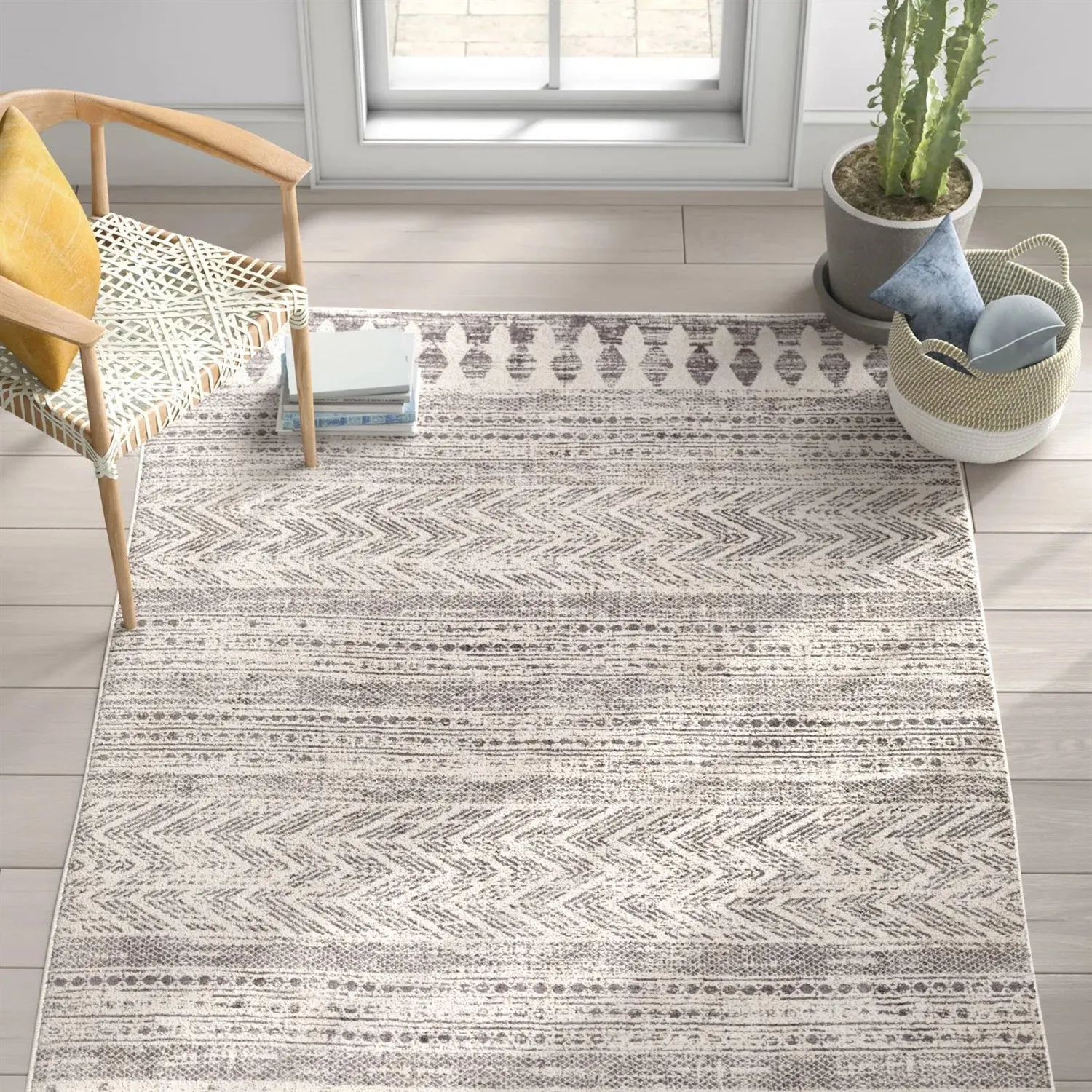 Grey Ivory Chevron Stripe Geometric Boho Style Area Rug Area Rugs mega sale