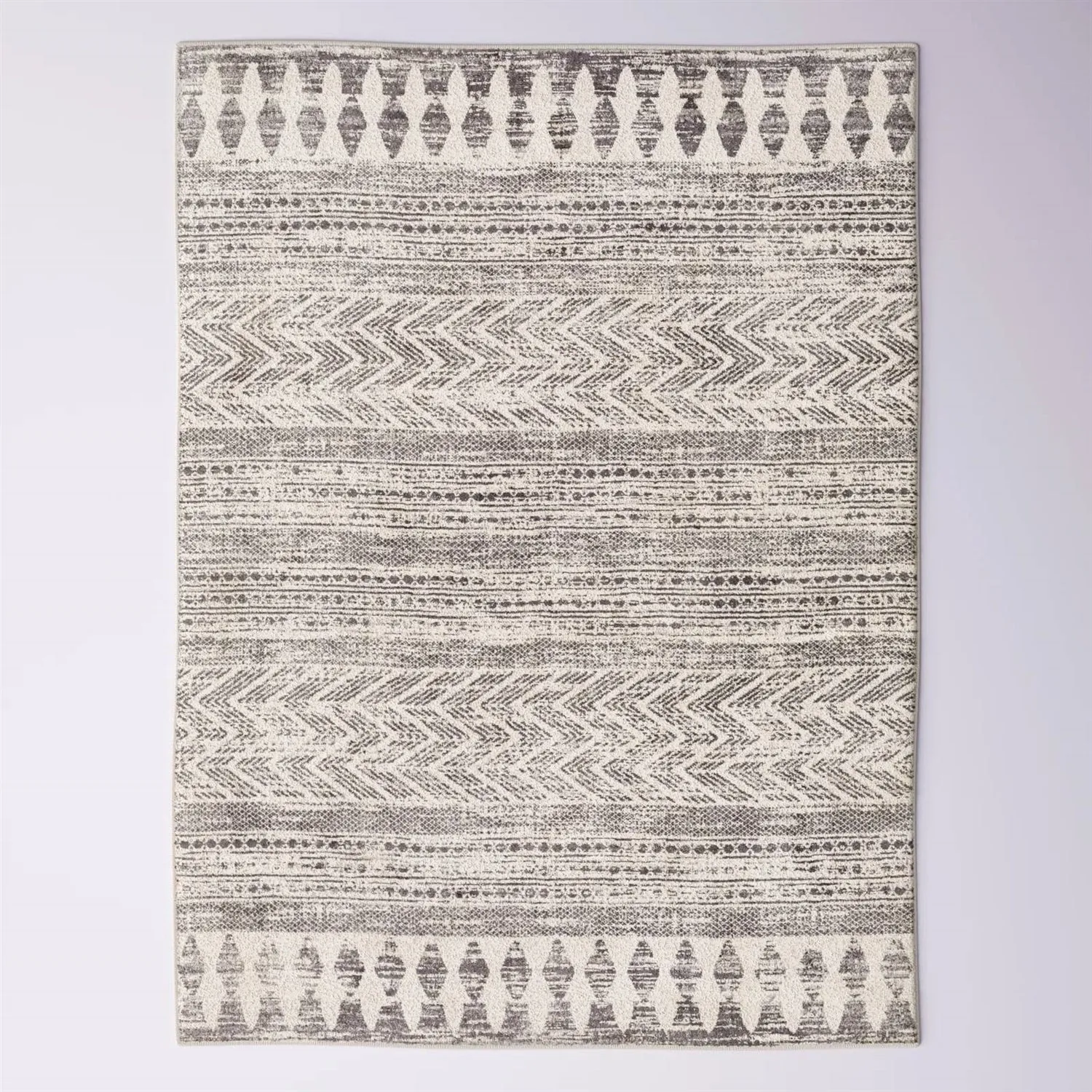 Grey Ivory Chevron Stripe Geometric Boho Style Area Rug