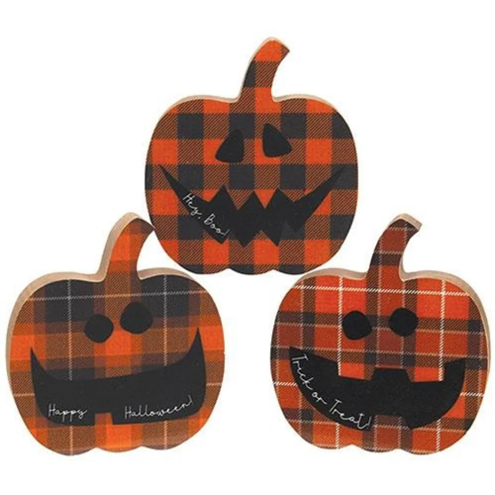 Happy Halloween Chunky Plaid Jack O Lantern Sitter 3 Asstd. Festive Decor online outlet