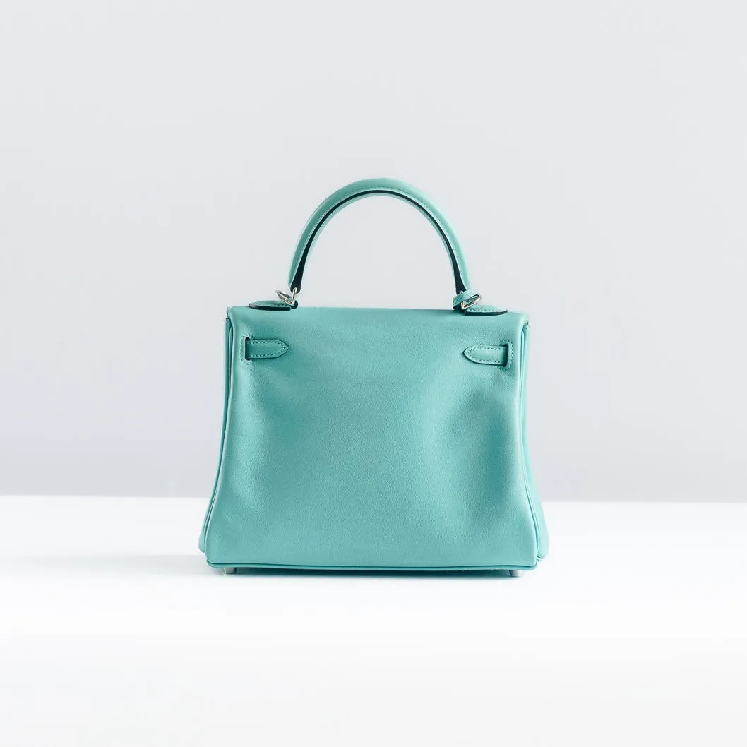 HERM??S -  KELLY 25 BAG IN BLUE ATOLL SWIFT LEATHER WITH PALLADIUM HARDWARE